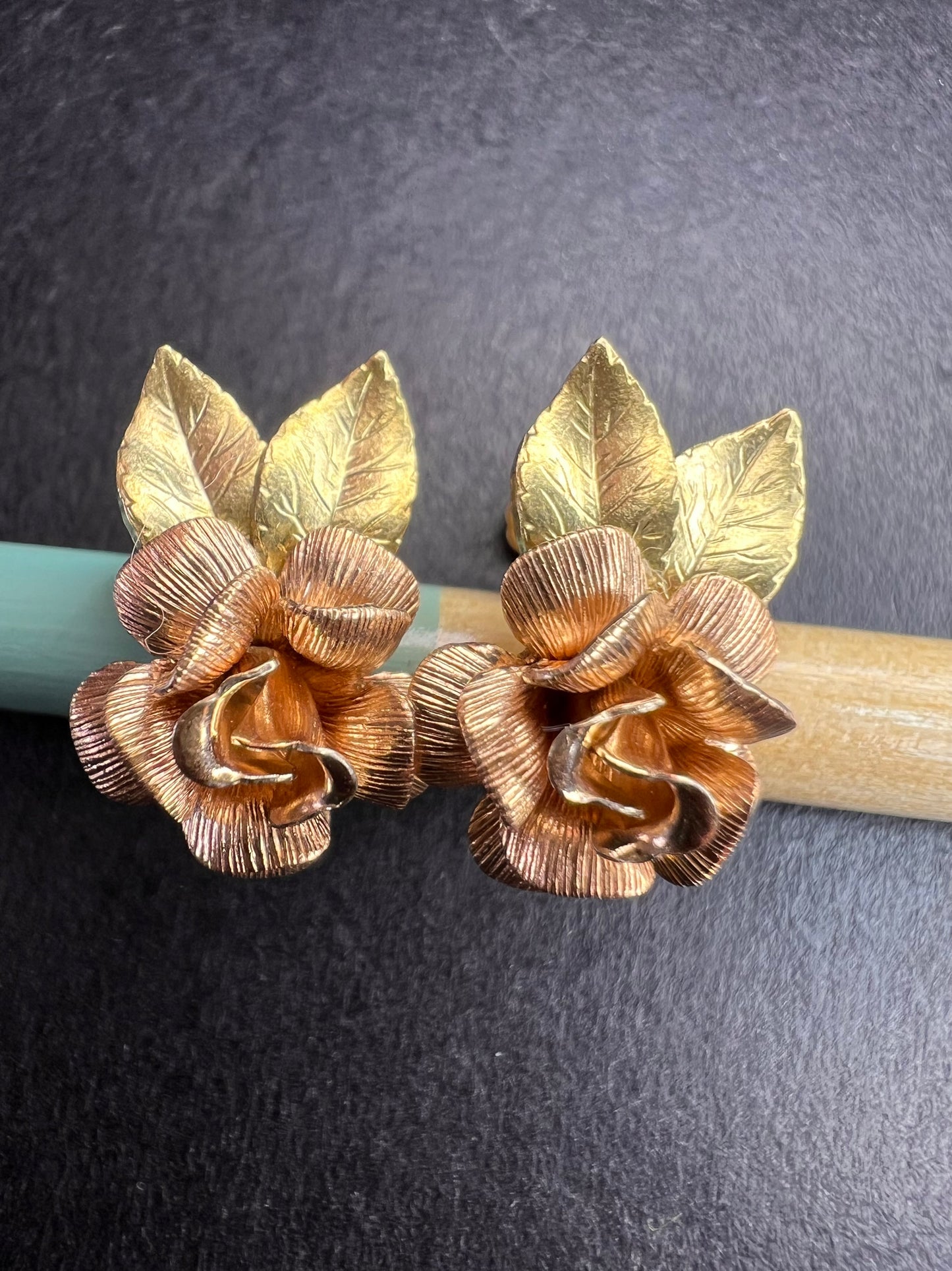Vintage Krementz Rose and yellow gold tone Flower Leaf Screw Back Earrings
