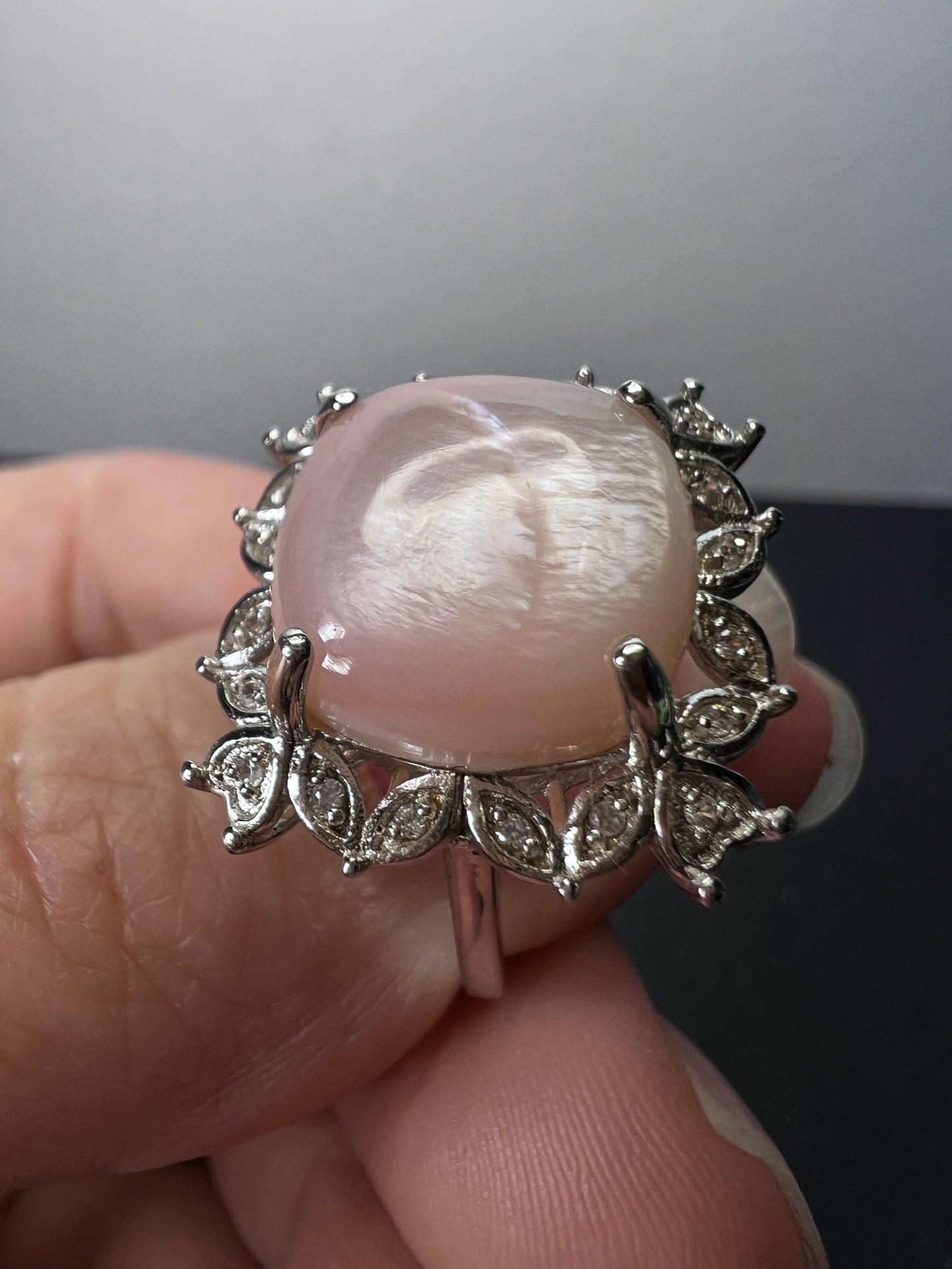 Pink Mother-of-Pearl With White Zircon Rhodium Over Sterling Silver Ring size 8