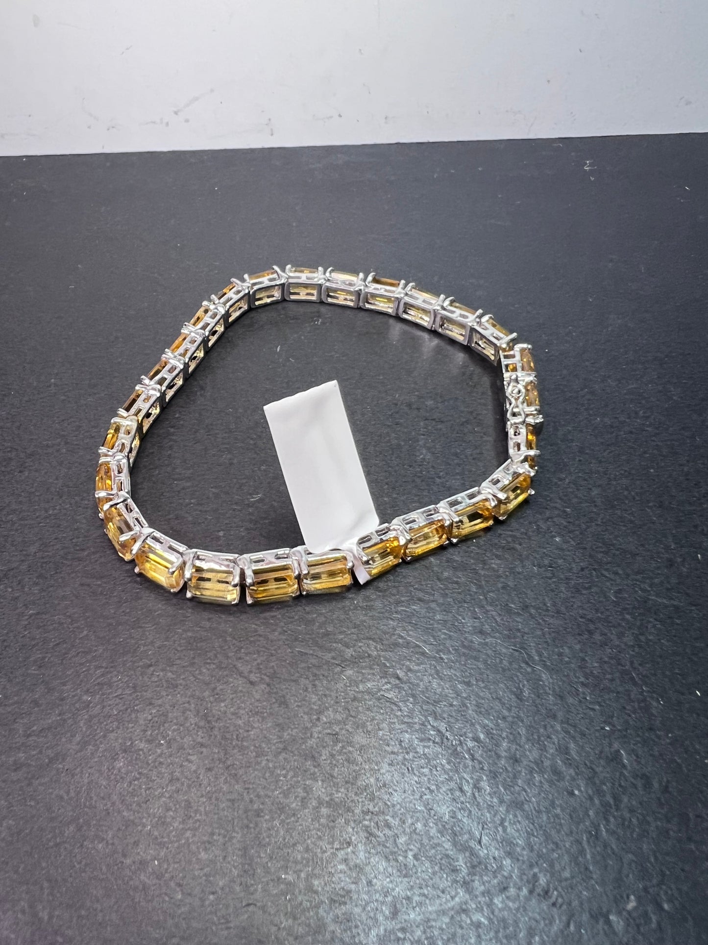 New emerald cut yellow citrine tennis bracelet in rhodium over sterling