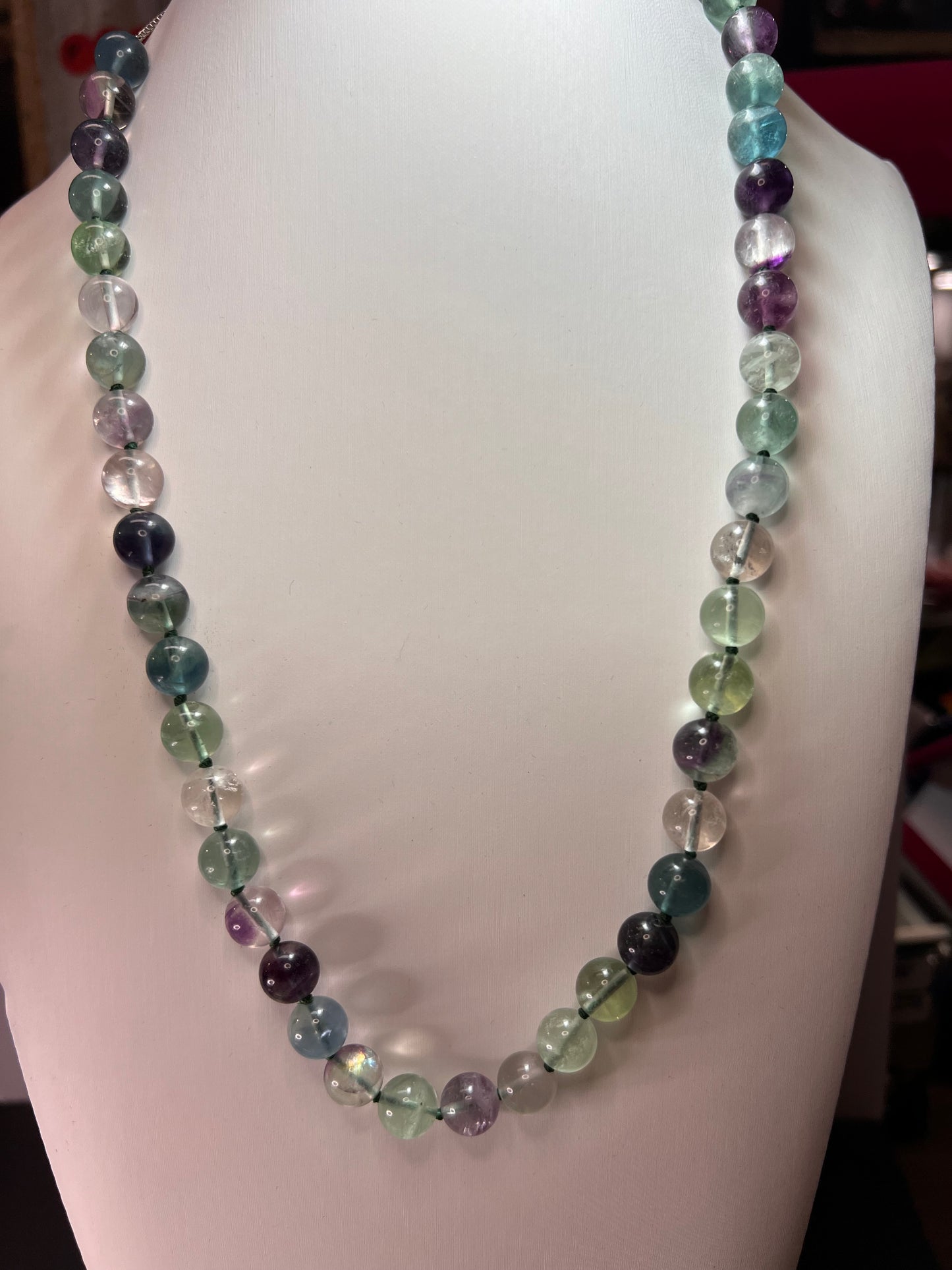 Fluorite knotted beaded bolo necklace with sterling silver magnetic clasp