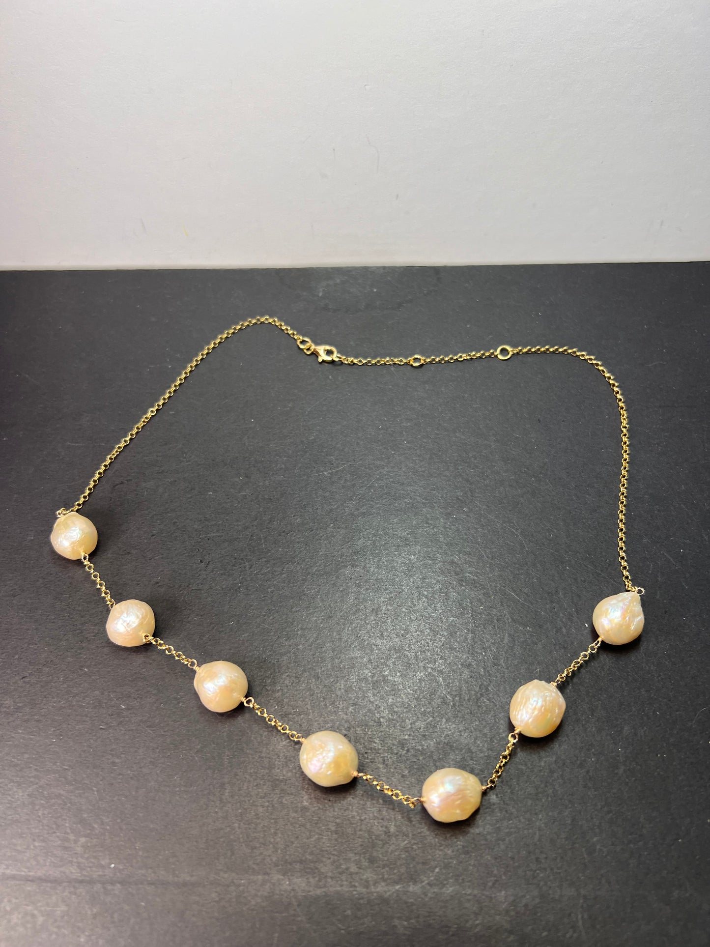 13-15mm baroque pearl station necklace in gold over sterling silver