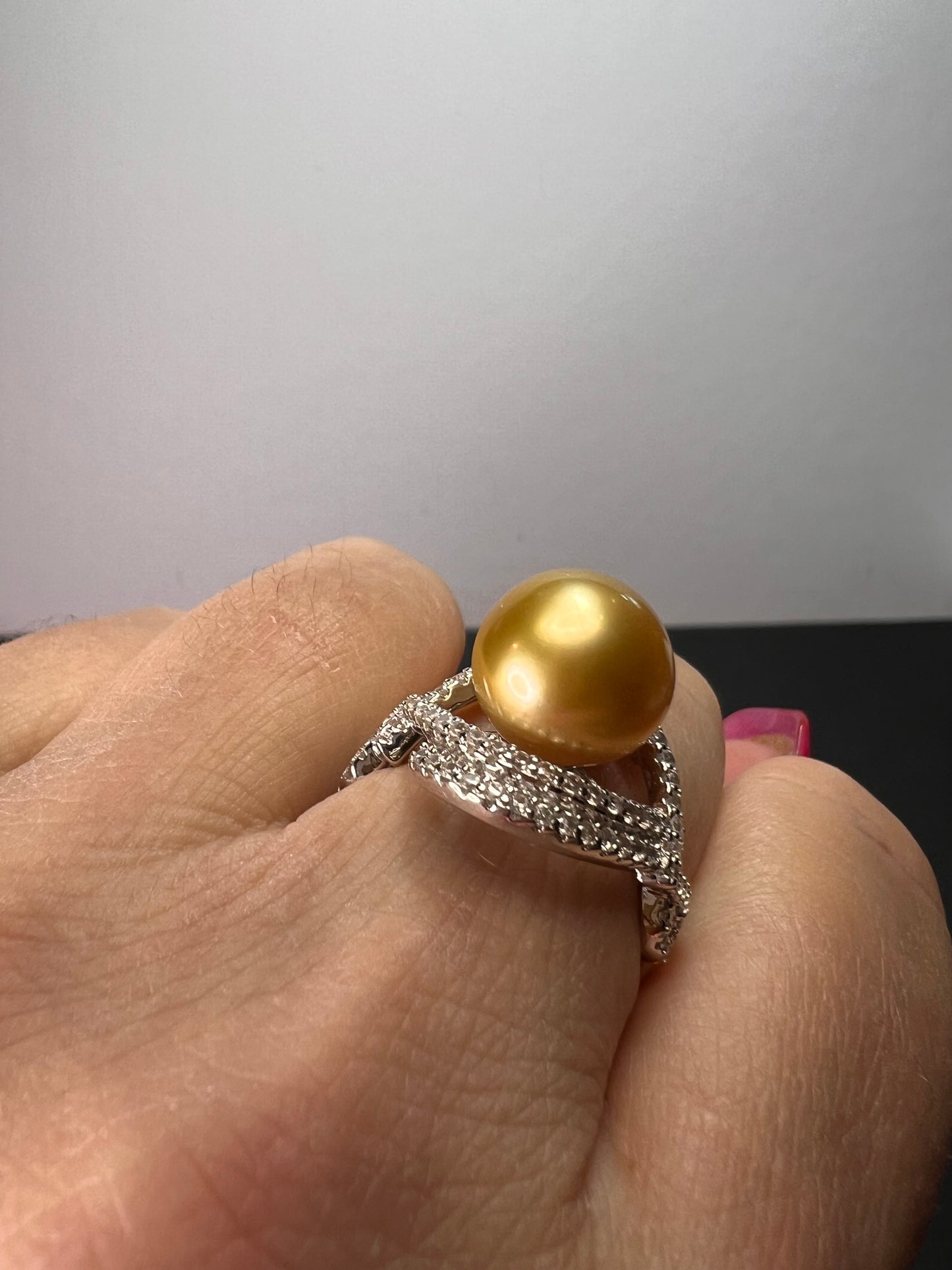 AAA1 Natural Color Deep Gold 11mm Golden South Sea Cultured Pearl and Zircon ring in rhodium over Sterling silver size 9