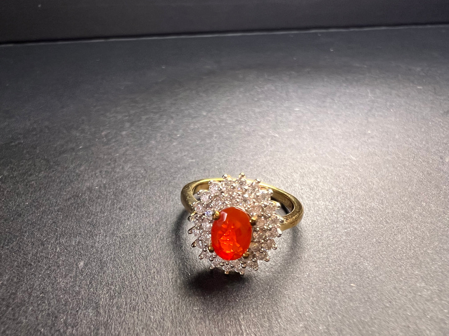 NEW Mexican Cherry fire opal and moissanite double halo ring in vermeil yellow gold over sterling silver size 5