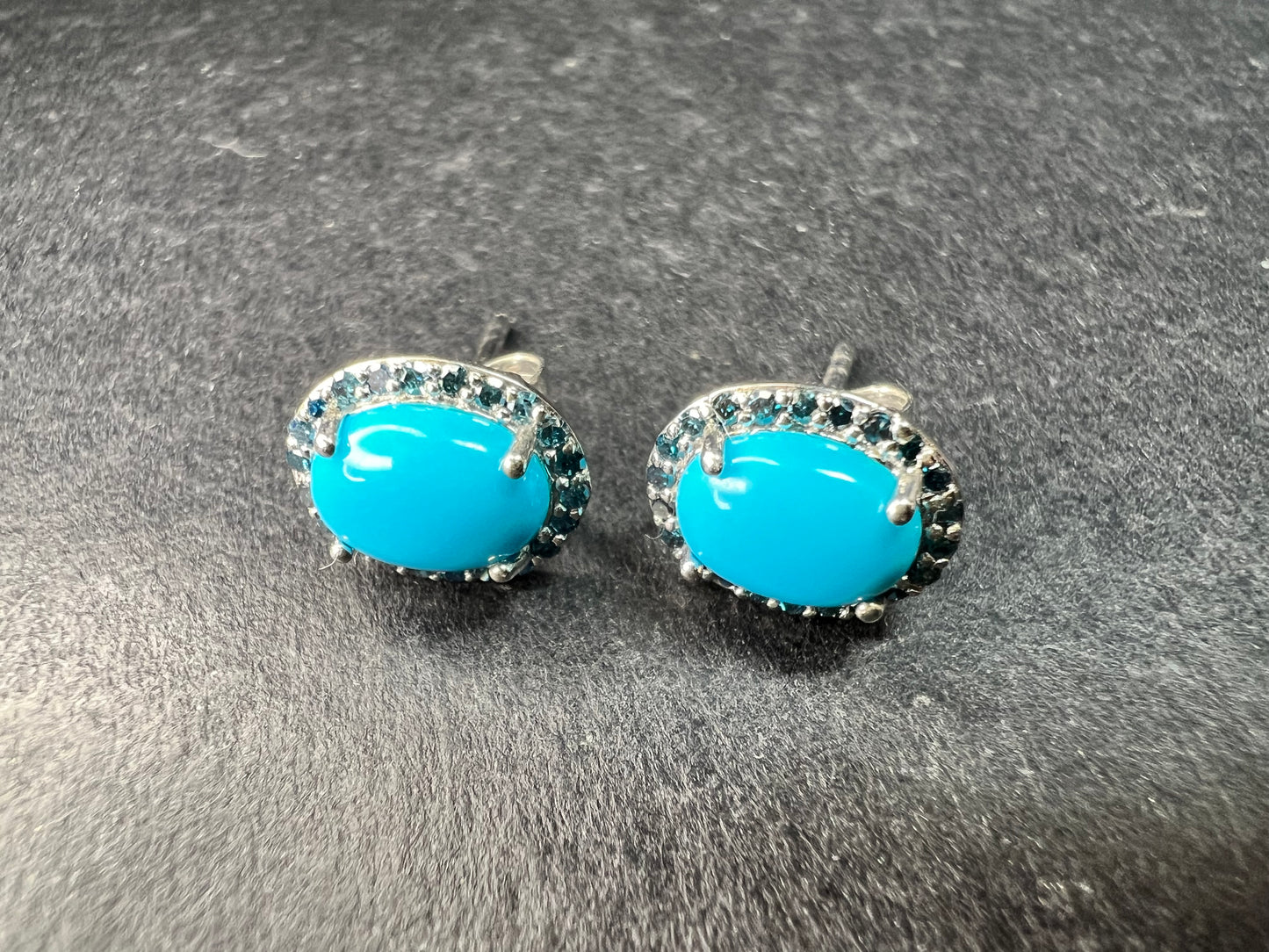 Turquoise & Blue Diamond Sterling Silver Halo Stud Earrings 925 Oval