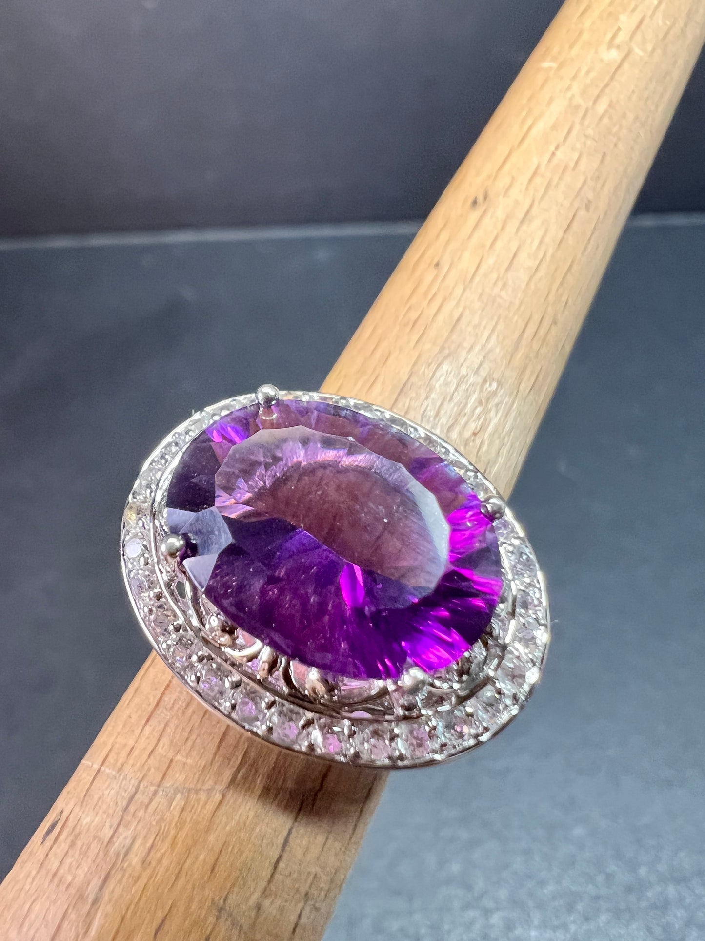 Sterling Silver Purple Fluorite & White Topaz Halo Ring Size 6