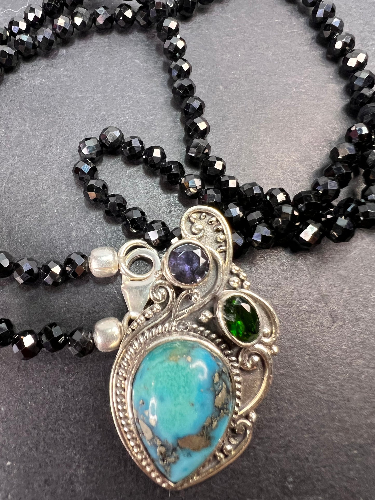 Black spinel and turquoise multi gem sterling silver pendant necklace