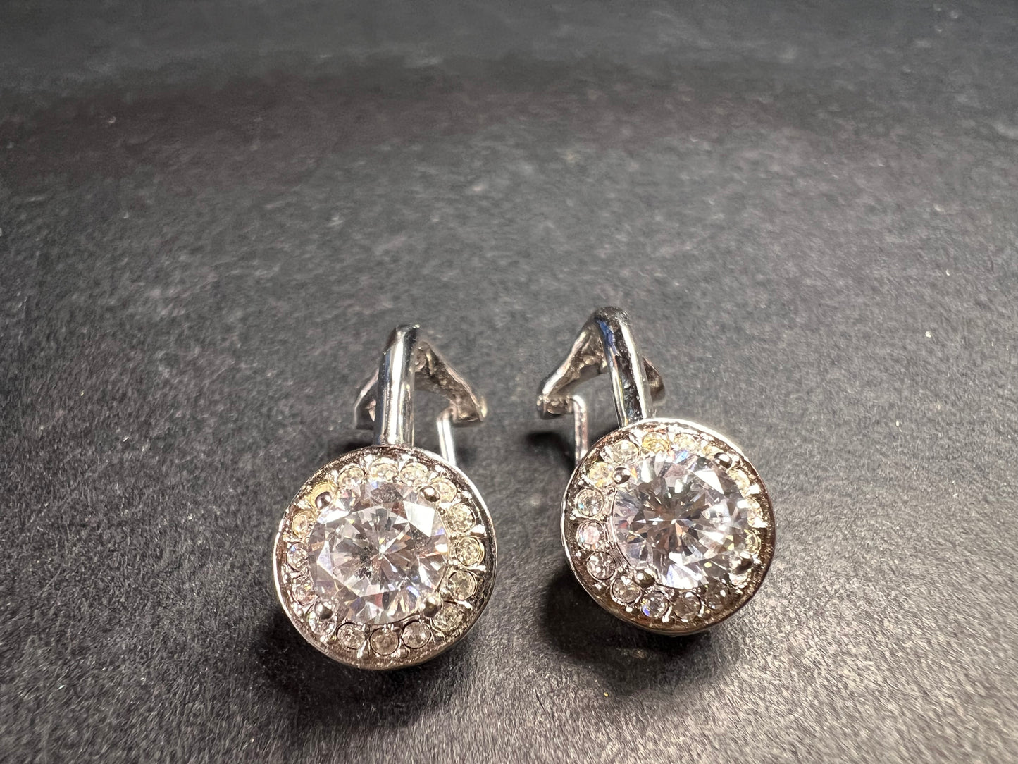Silver Plated 6mm CZ Halo Omega Back Earrings Sparkly Round Studs
