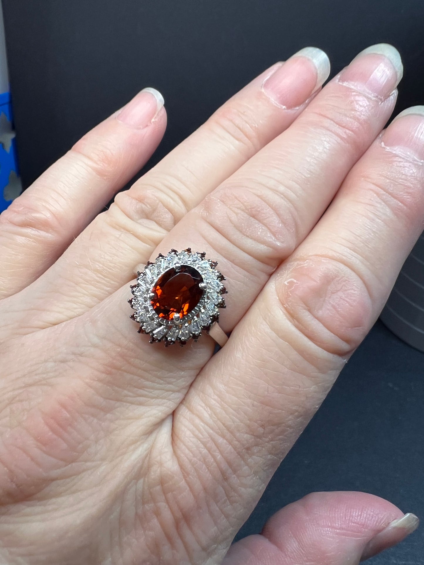 NEW Cherry citrine and Moissanite halo ring in platinum over sterling silver size 8