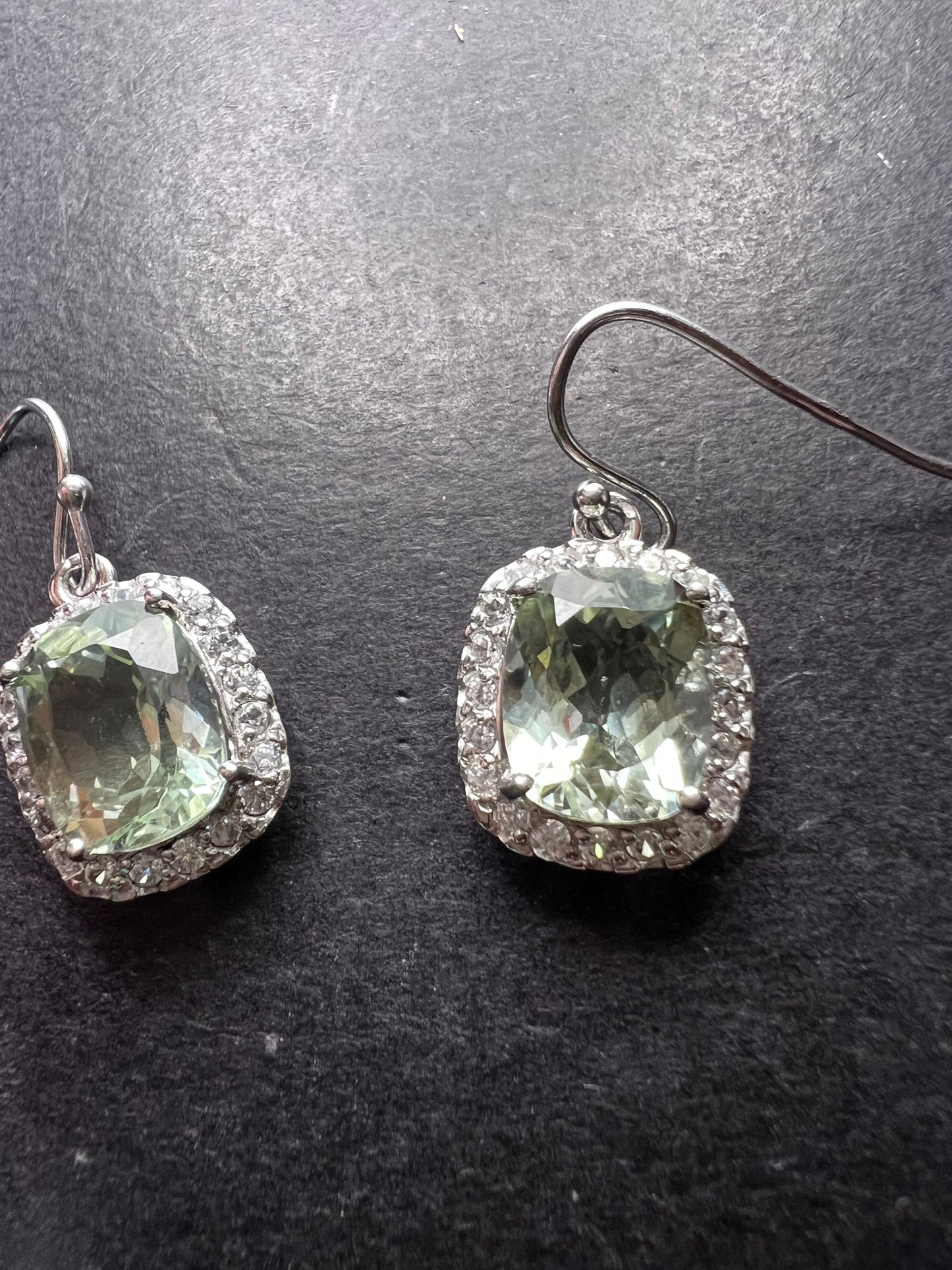 Prasiolite and zircon sterling silver halo earrings