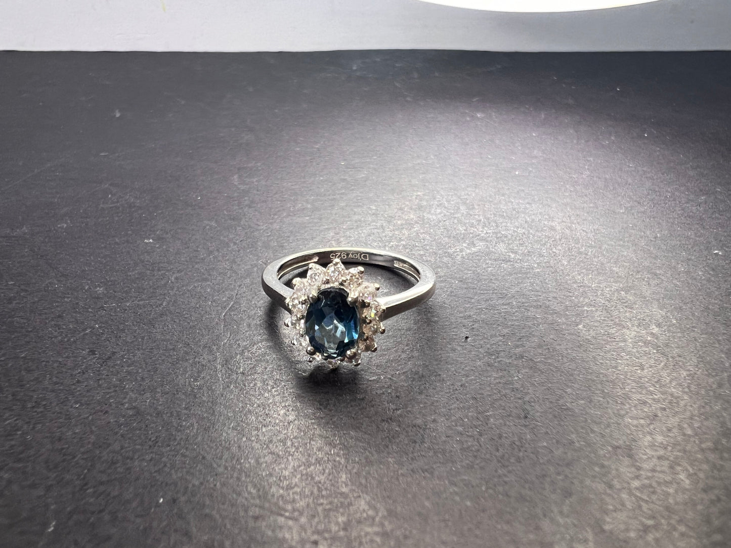 London blue topaz sunburst halo ring in platinum over sterling silver. ctw 1.40 size 5