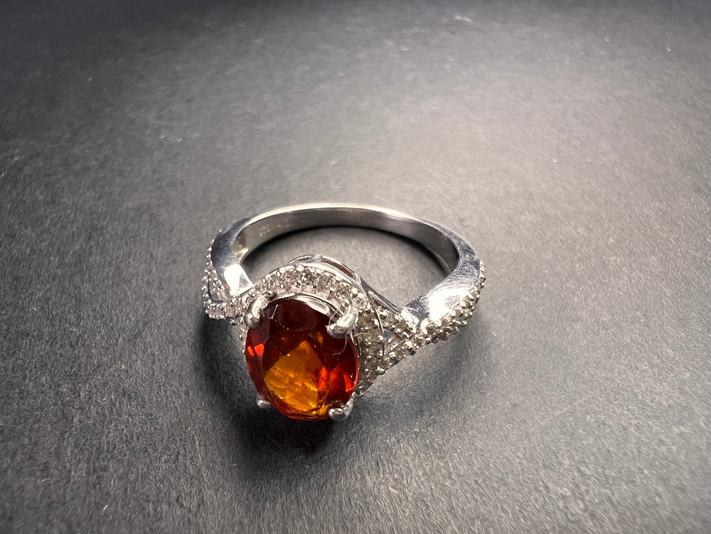 NEW Ceylon Hessonite garnet and zircon ring in rhodium over sterling silver size 7