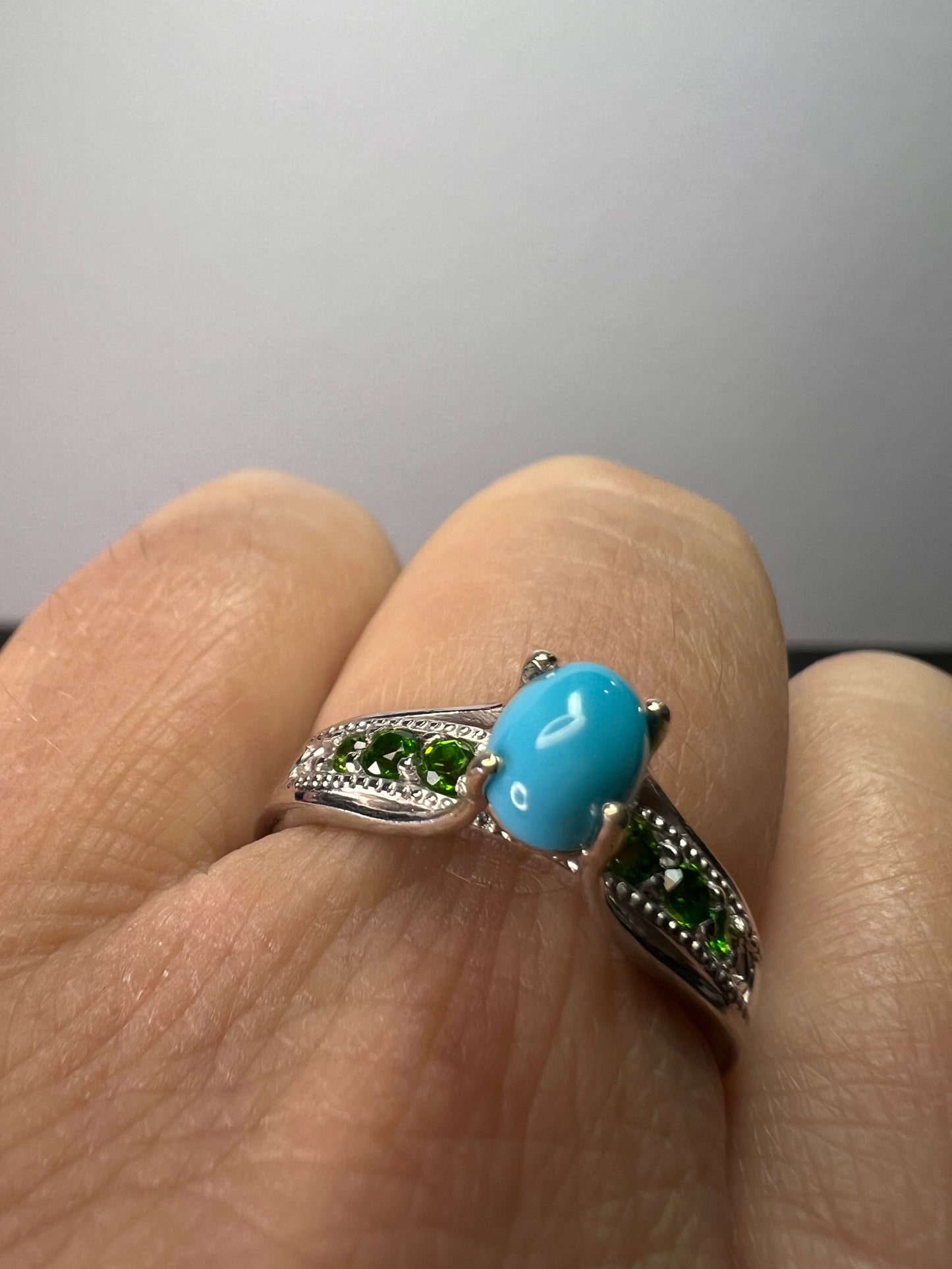 Sleeping Beauty turquoise and chrome diopside sterling silver ring size 9