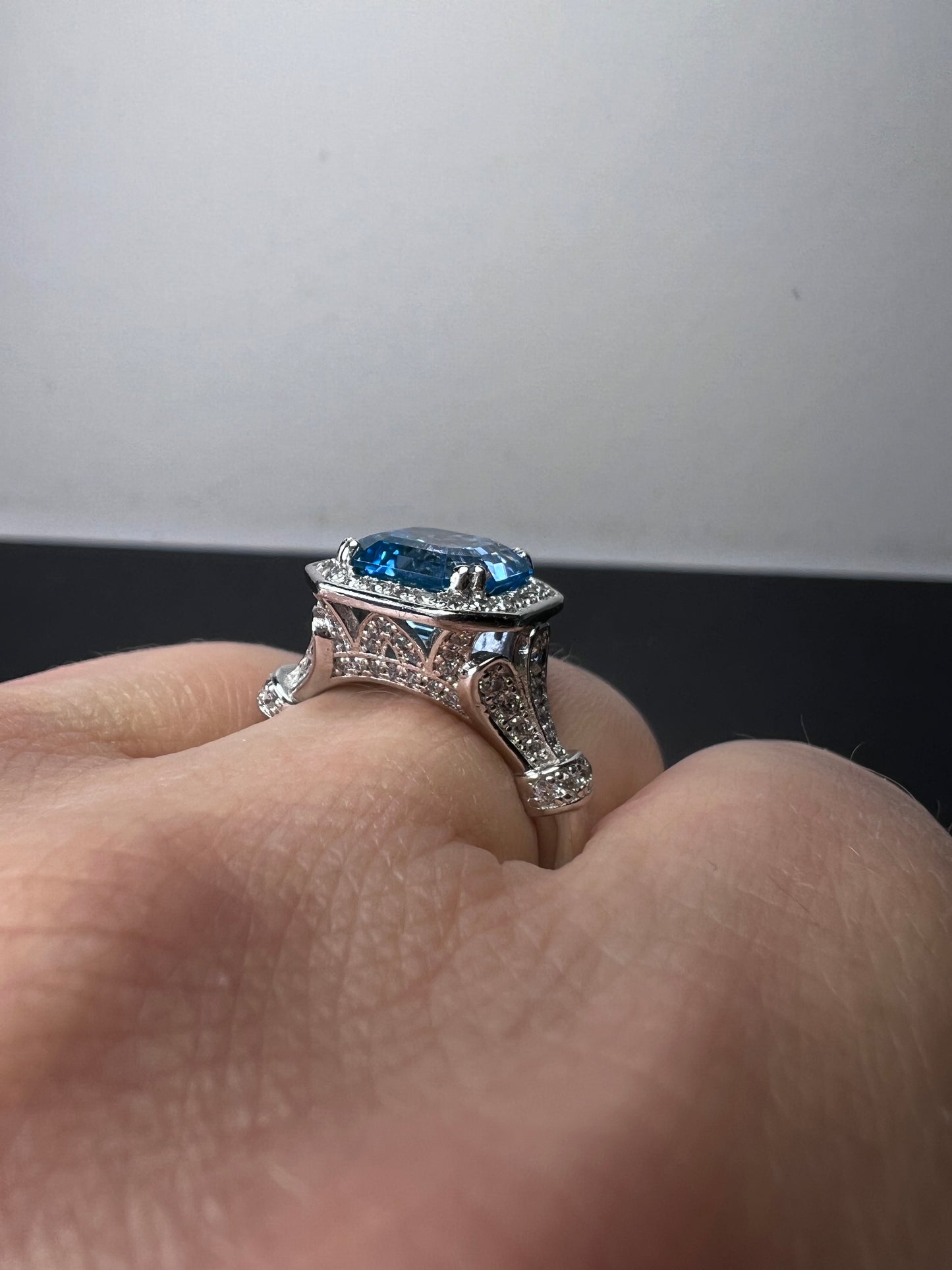 Blue zircon and CZ sterling silver cocktail ring size 7