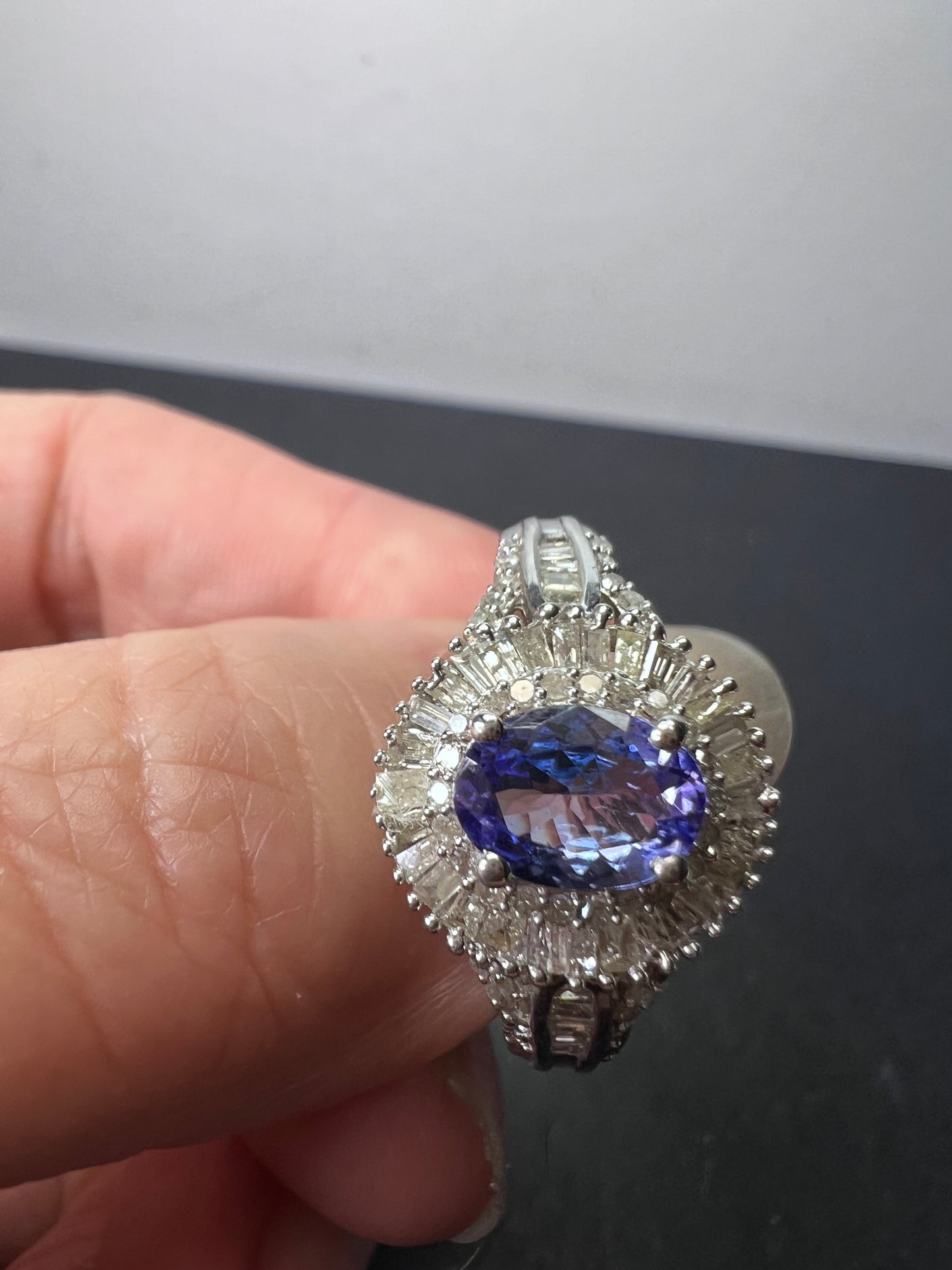 AAA Tanzanite and Diamond  Double Halo Ring in Platinum Over Sterling Silver, Oval Engagement Ring size 10