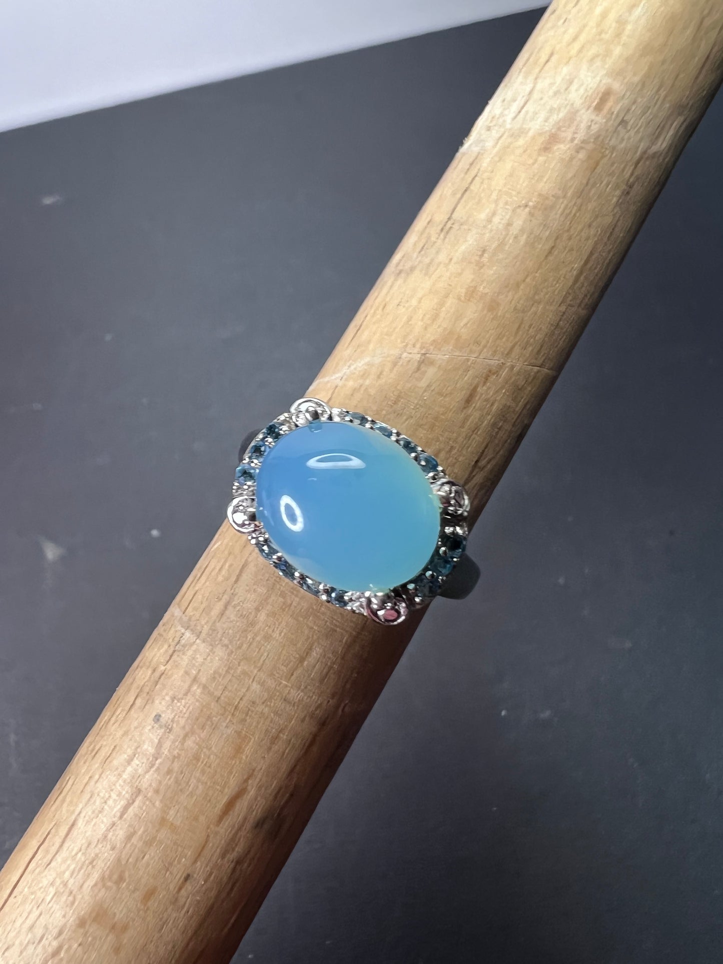 Aqua blue chalcedony blue topaz sterling silver halo ring size 7