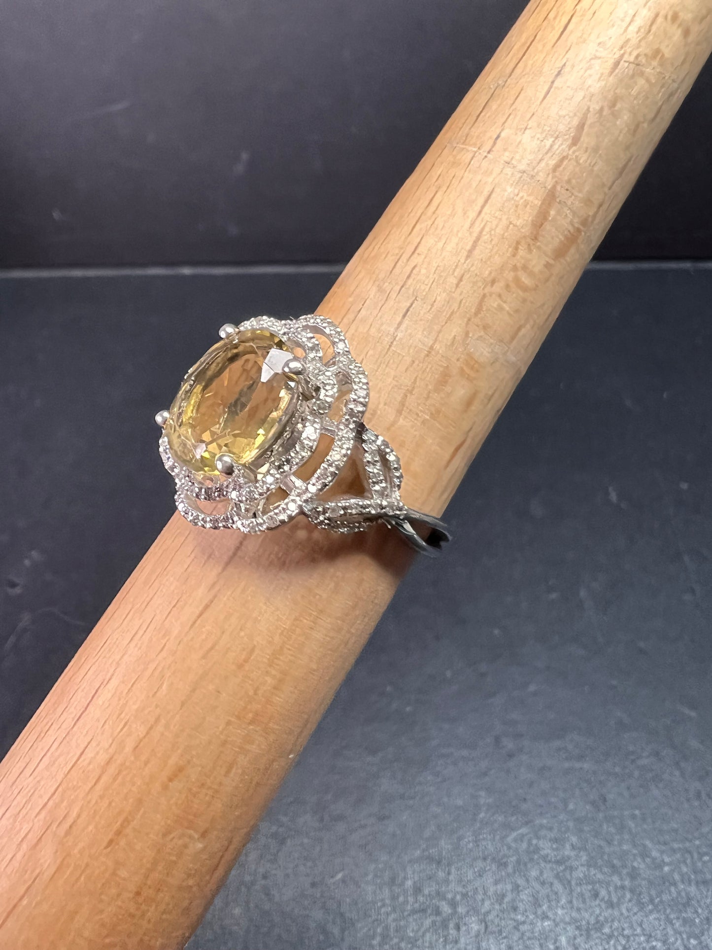 Citrine & Diamond Sterling Silver Scalloped Halo Ring Size 9