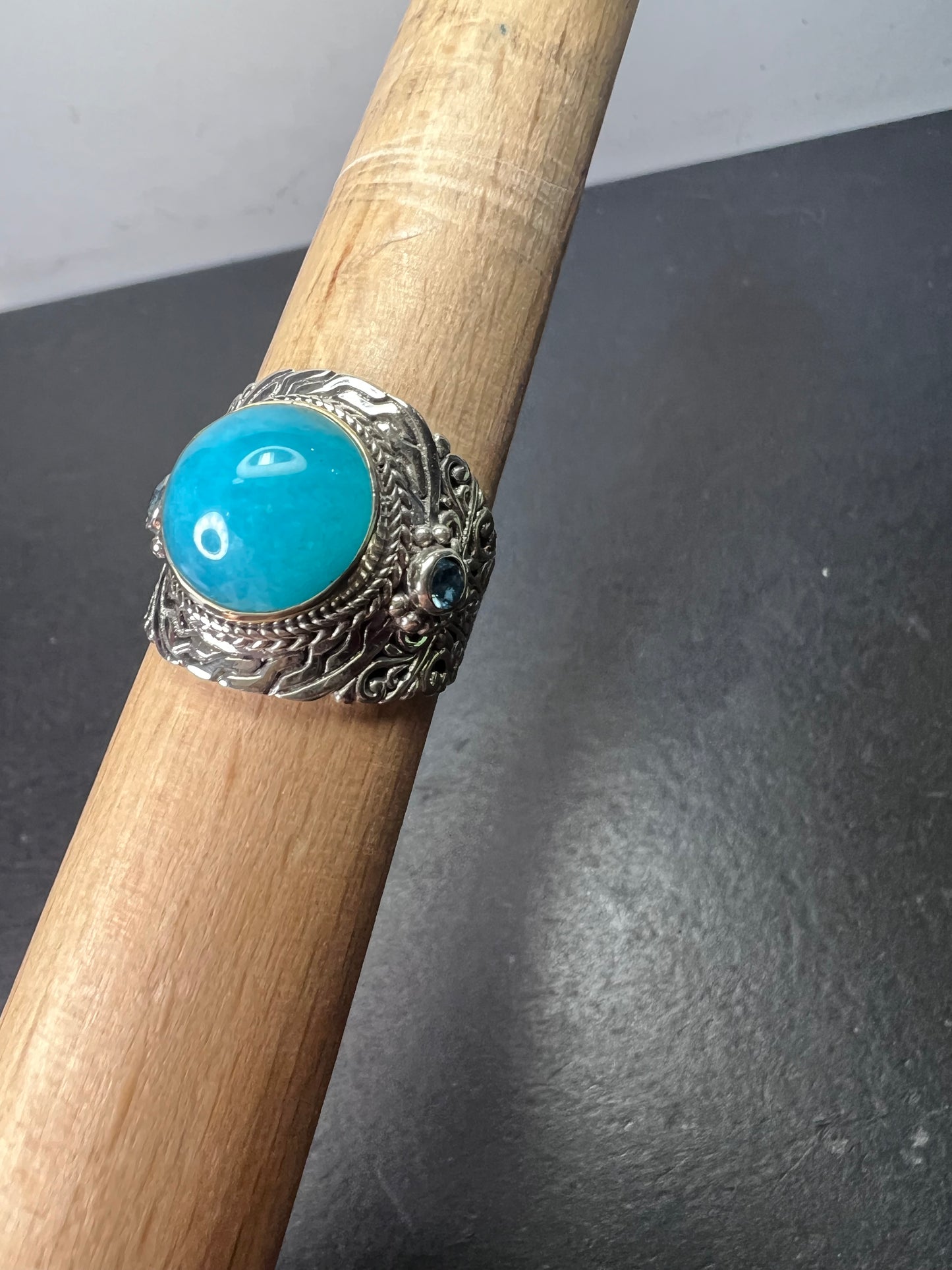 Sarda Peruvian amazonite and London blue topaz sterling silver statement ring size 9