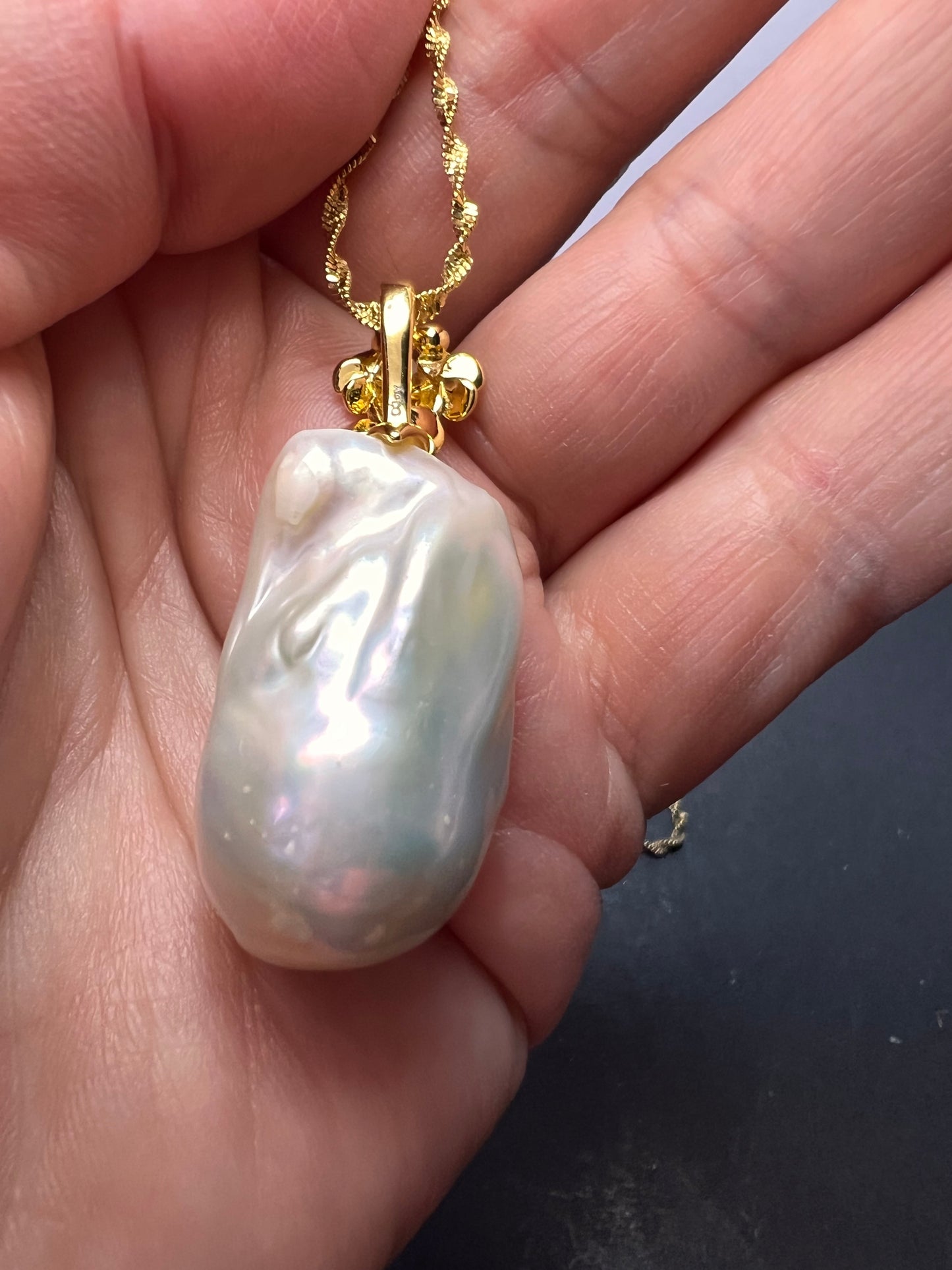 Baroque pearl floral pendant necklace with 30 inch gold over sterling silver chain