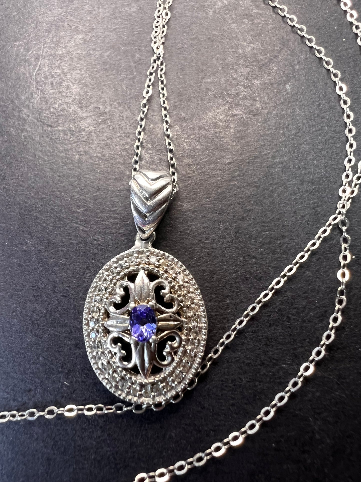 Tanzanite and zircon sterling silver pendant and chain necklace