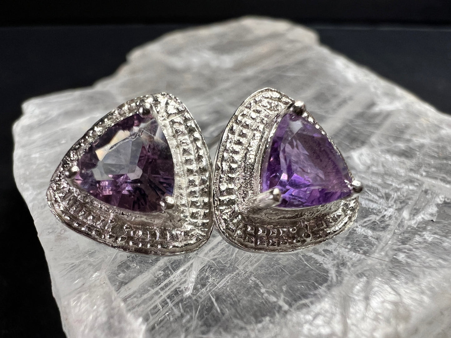 New Sterling Silver Trillion Amethyst Studs w Diamond Accents
