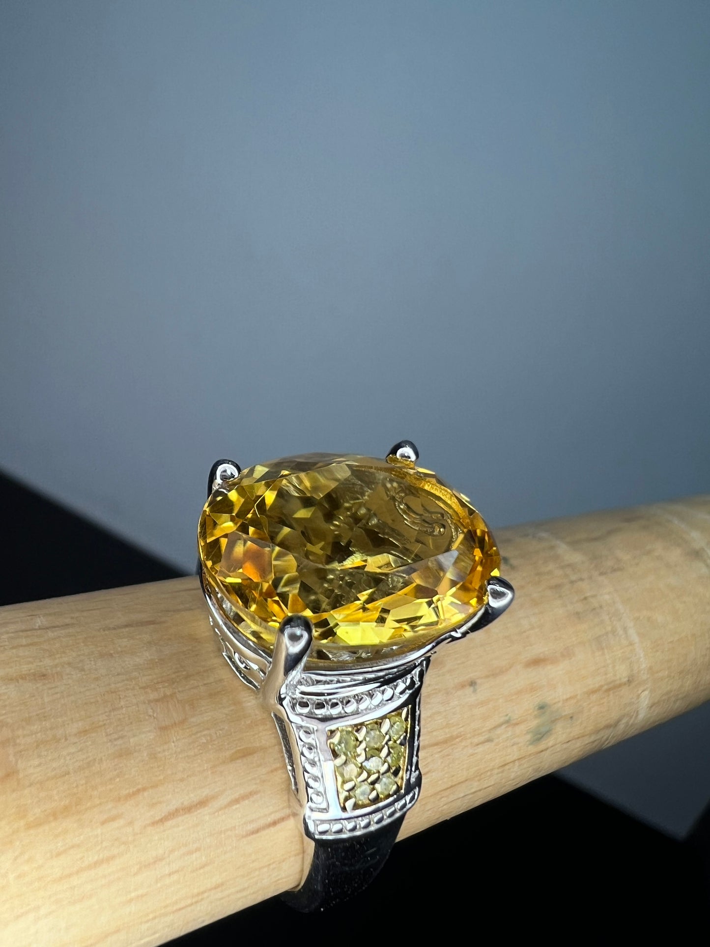 Citrine and yellow diamond ring in sterling silver size 10. 7.55 ctw