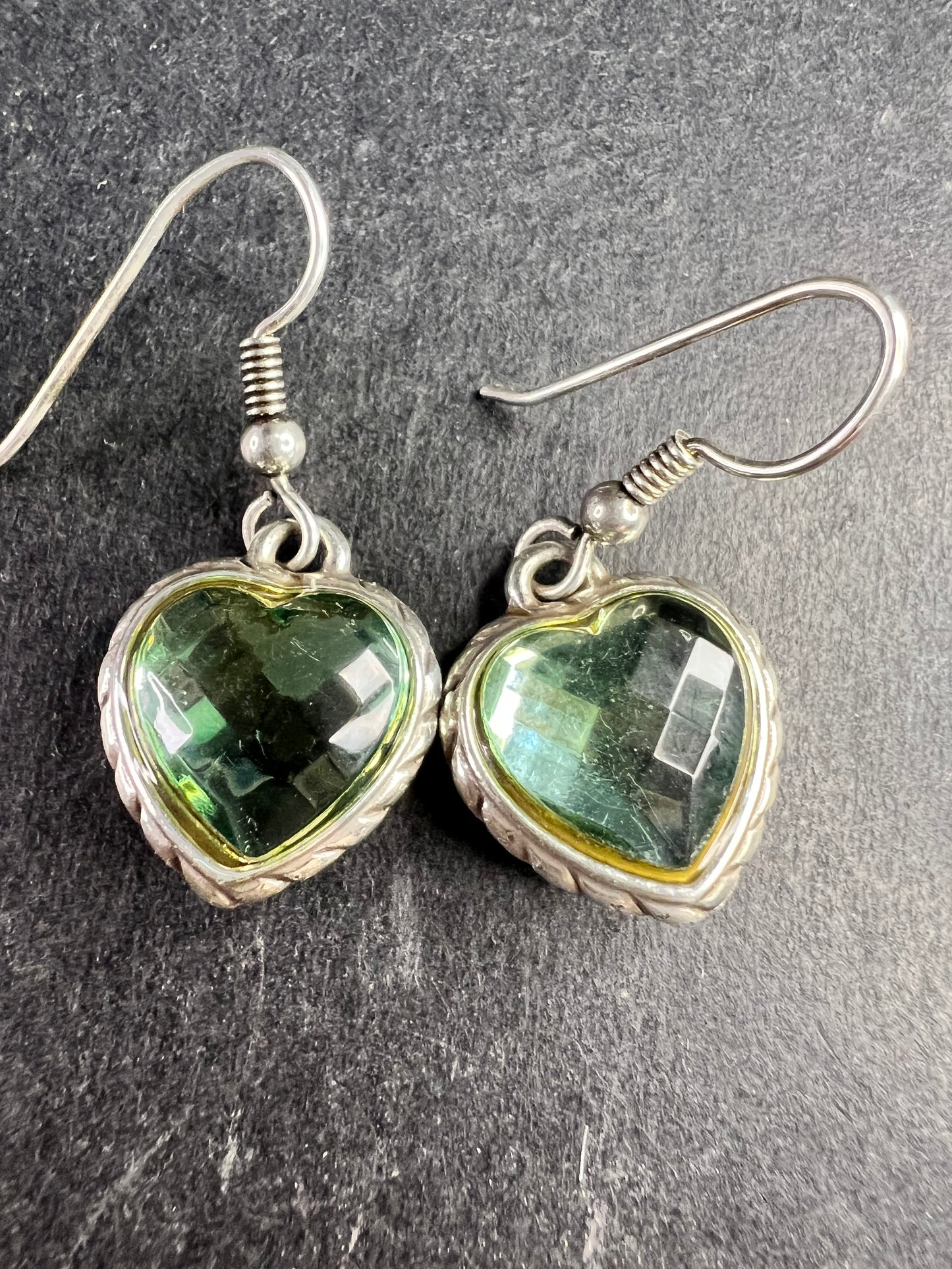 Vintage 90s Sterling Silver Green Glass Heart Earrings Gold Accent 925 Dangle