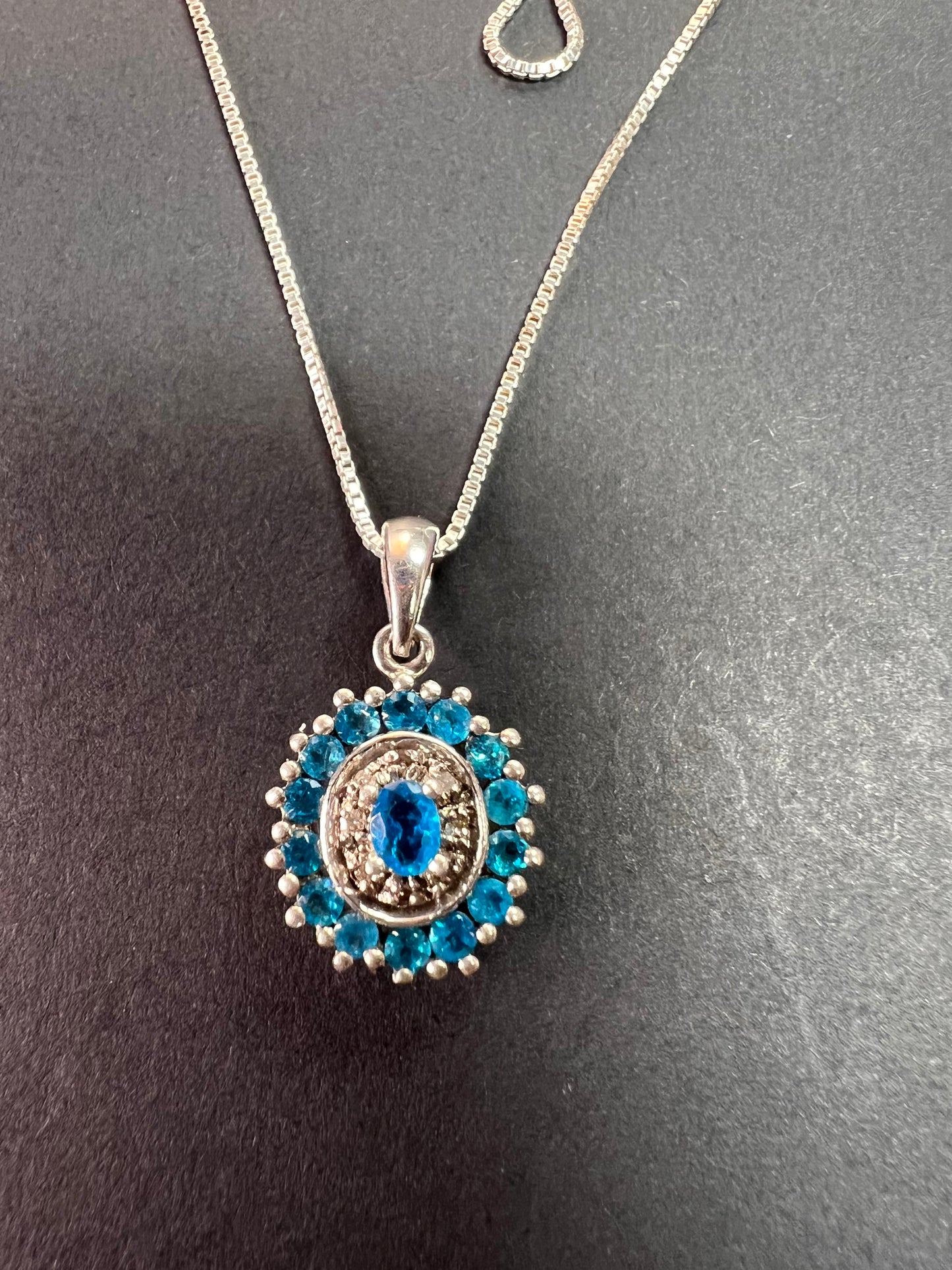 Vintage 925 Sterling Silver Blue Apatite & Diamond Halo Pendant Necklace