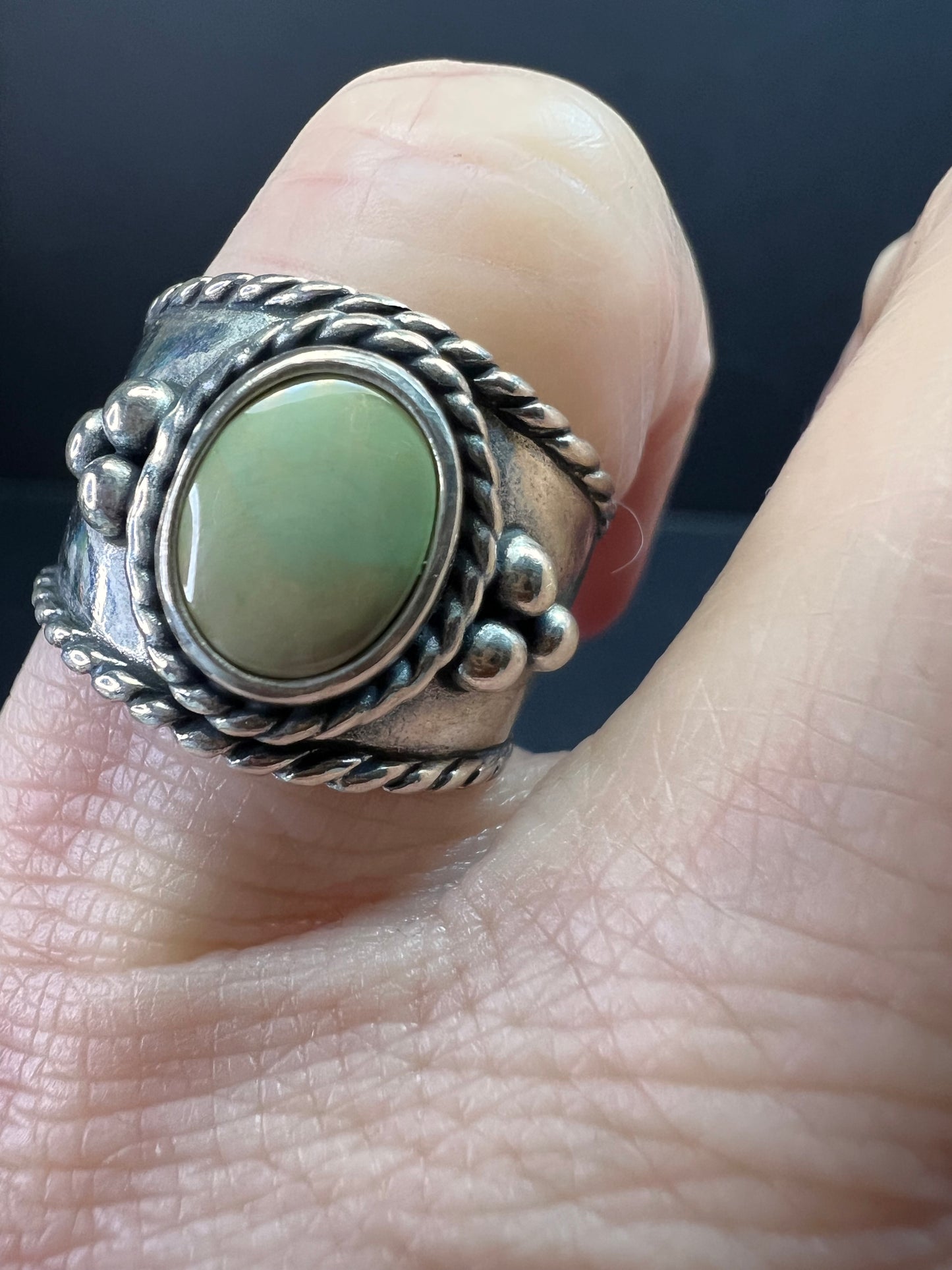 Vintage Sterling Silver Size 6 Ring | Artisan Style Green Cabochon Band
