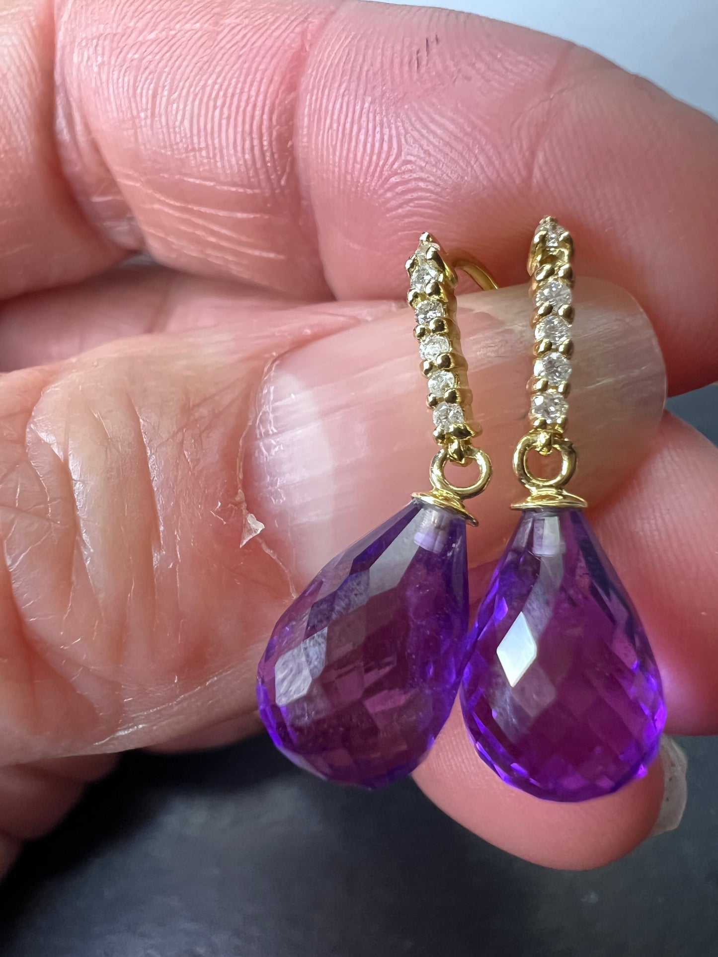 14k gold amethyst briolette and diamond dangle earrings