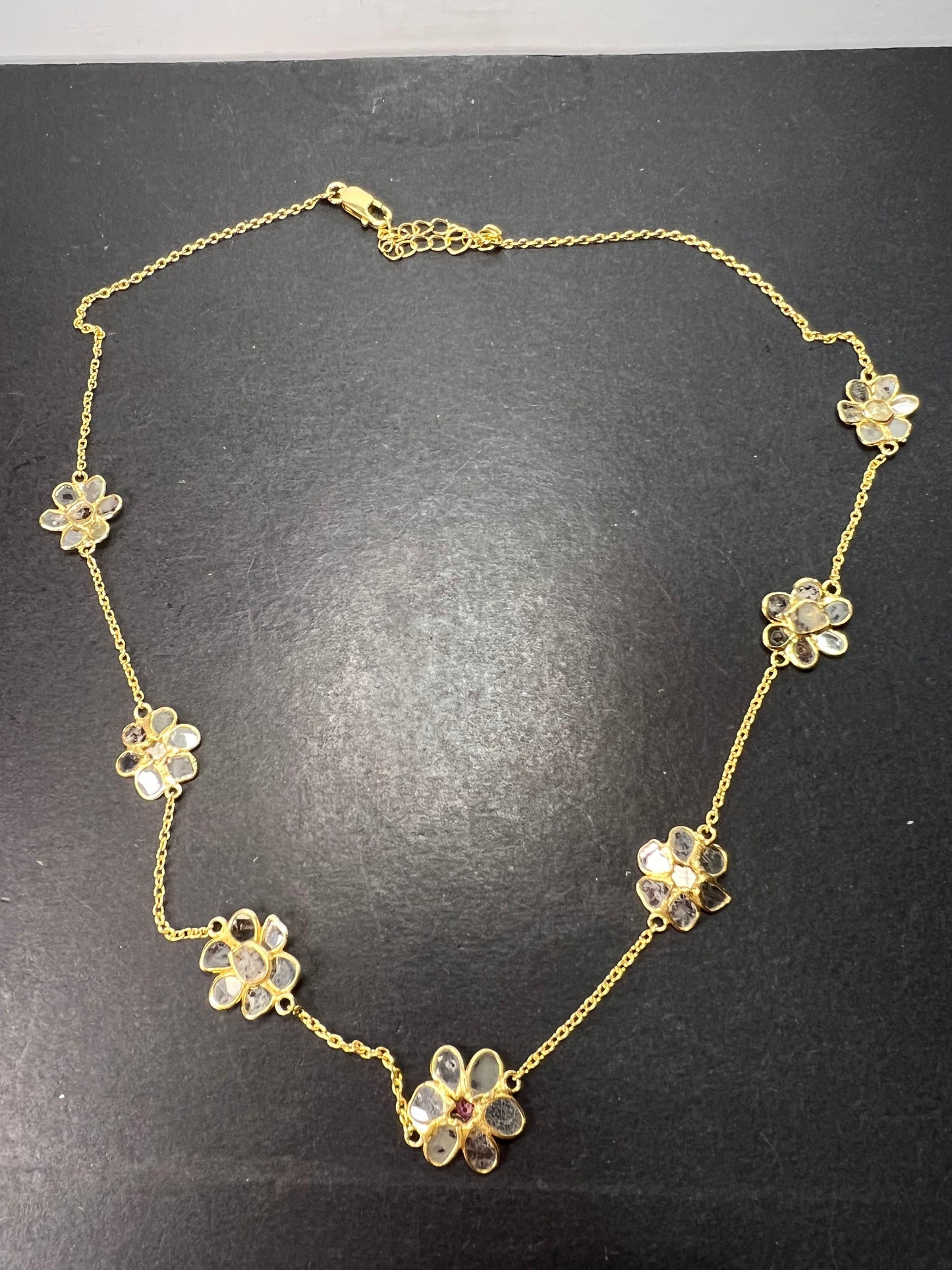 Polki diamond flowers station necklace in vermeil yellow gold over sterling silver