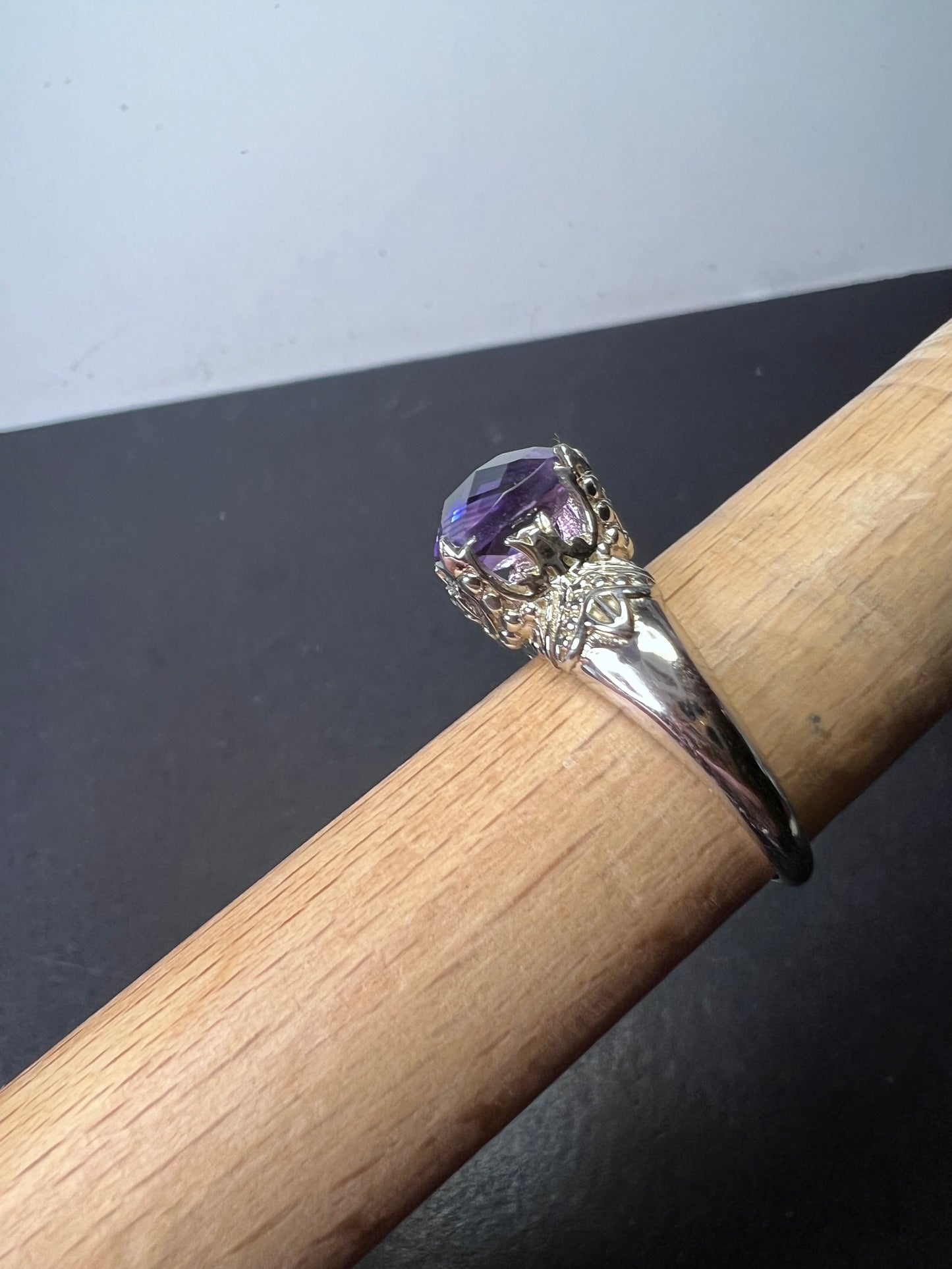 Amethyst cathedral crown setting sterling silver solitaire ring size 9