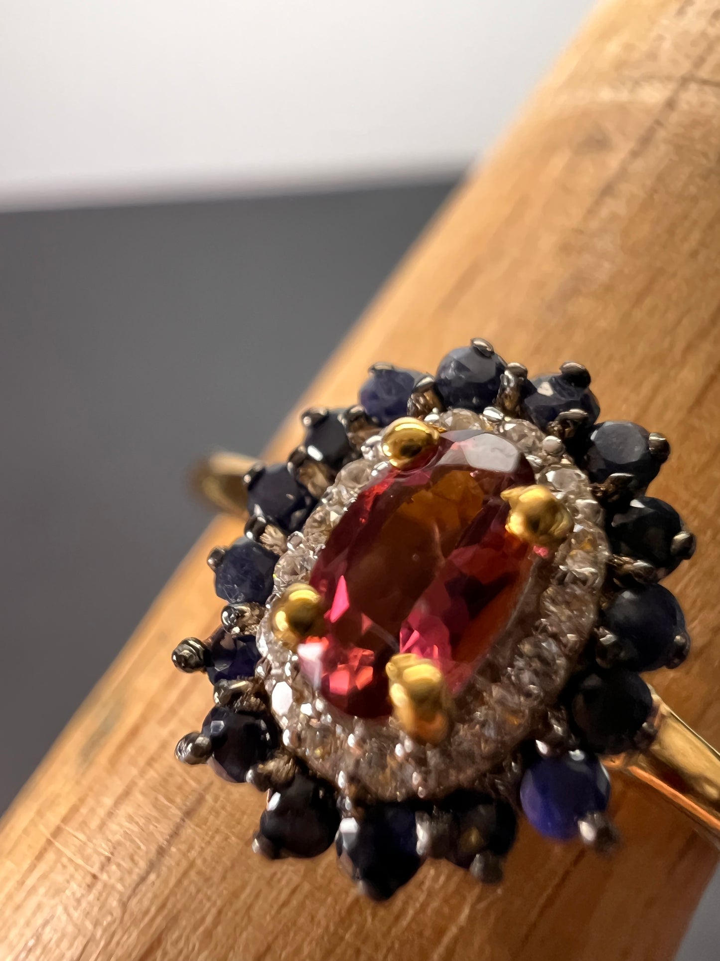 Ofiki rubellite and blue sapphire double halo ring in vermeil yellow gold over sterling silver size 8