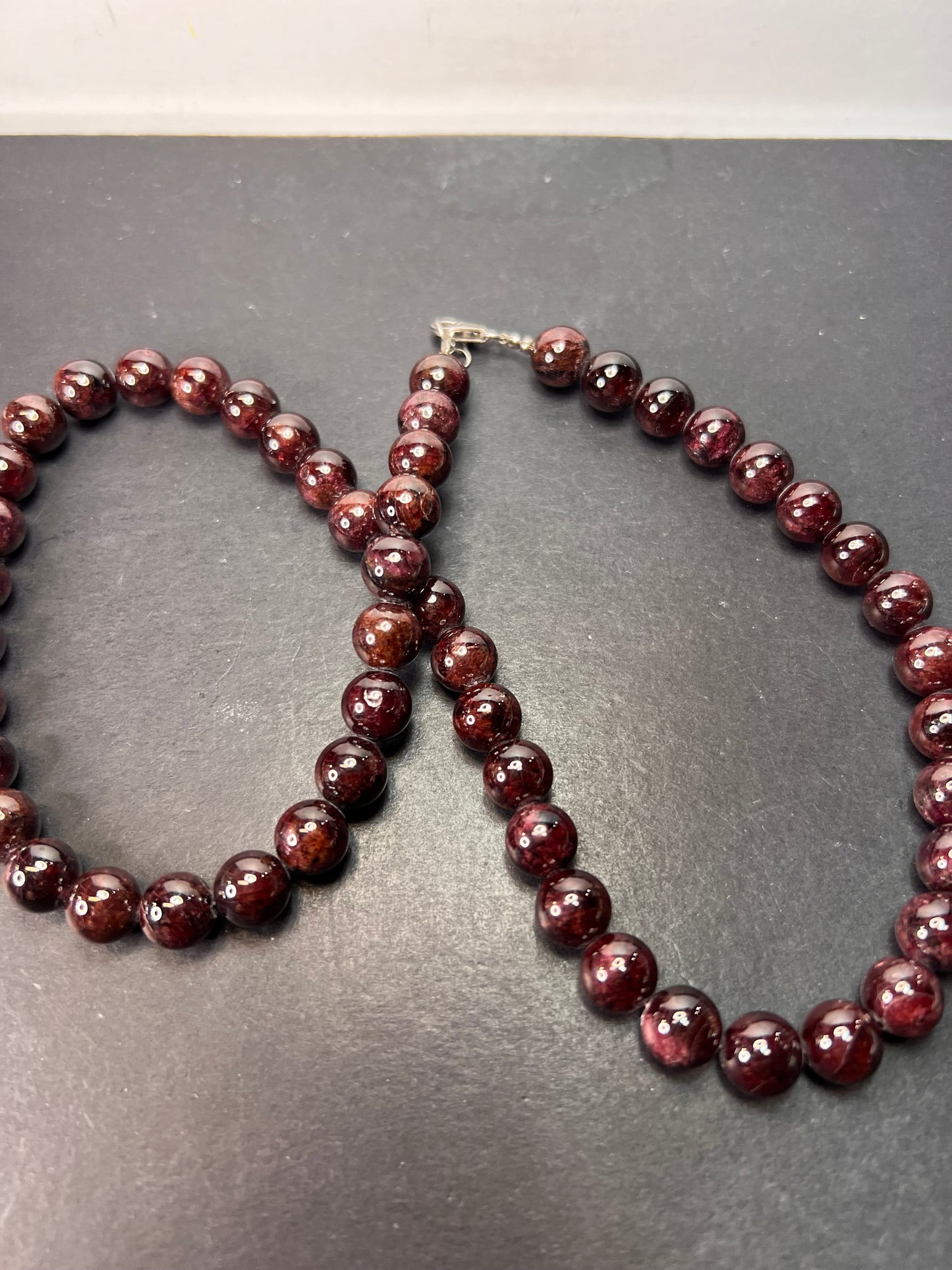 Garnet beaded necklace with sterling silver clasp