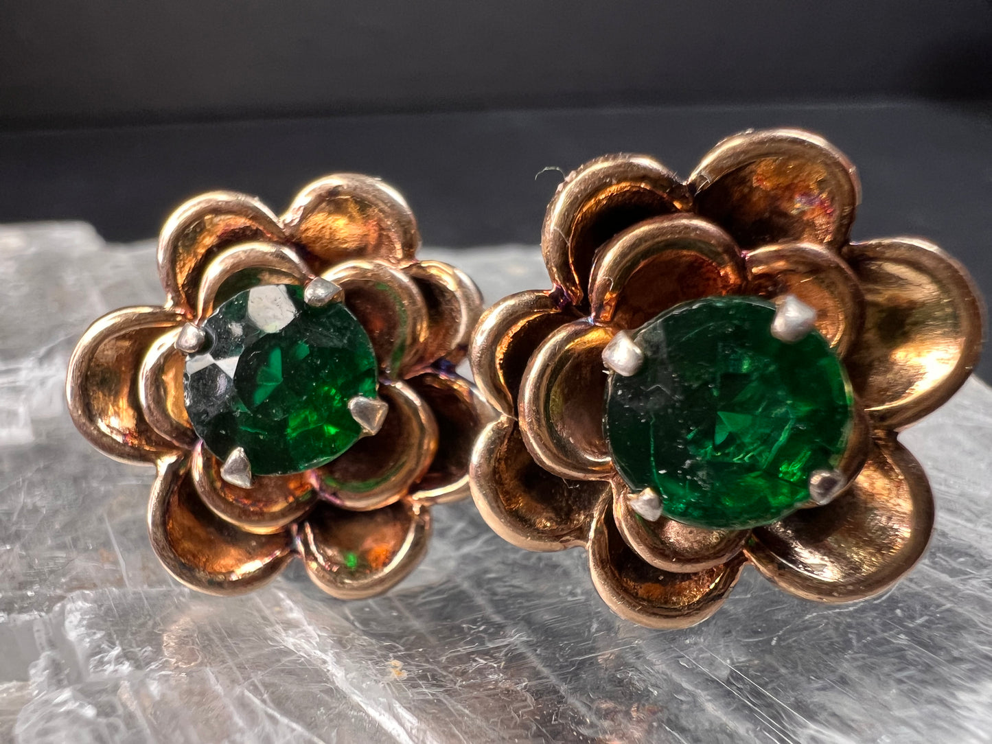 Vintage 1940s Vermeil Flower Screw Back Green Paste Earrings