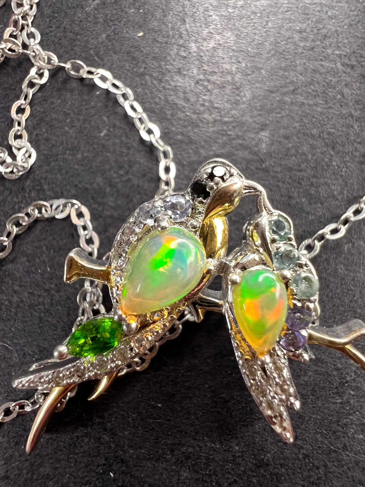 Ethiopian opal love birds multi gemstone two toned pendant and chain in gold and rhodium over sterling silver