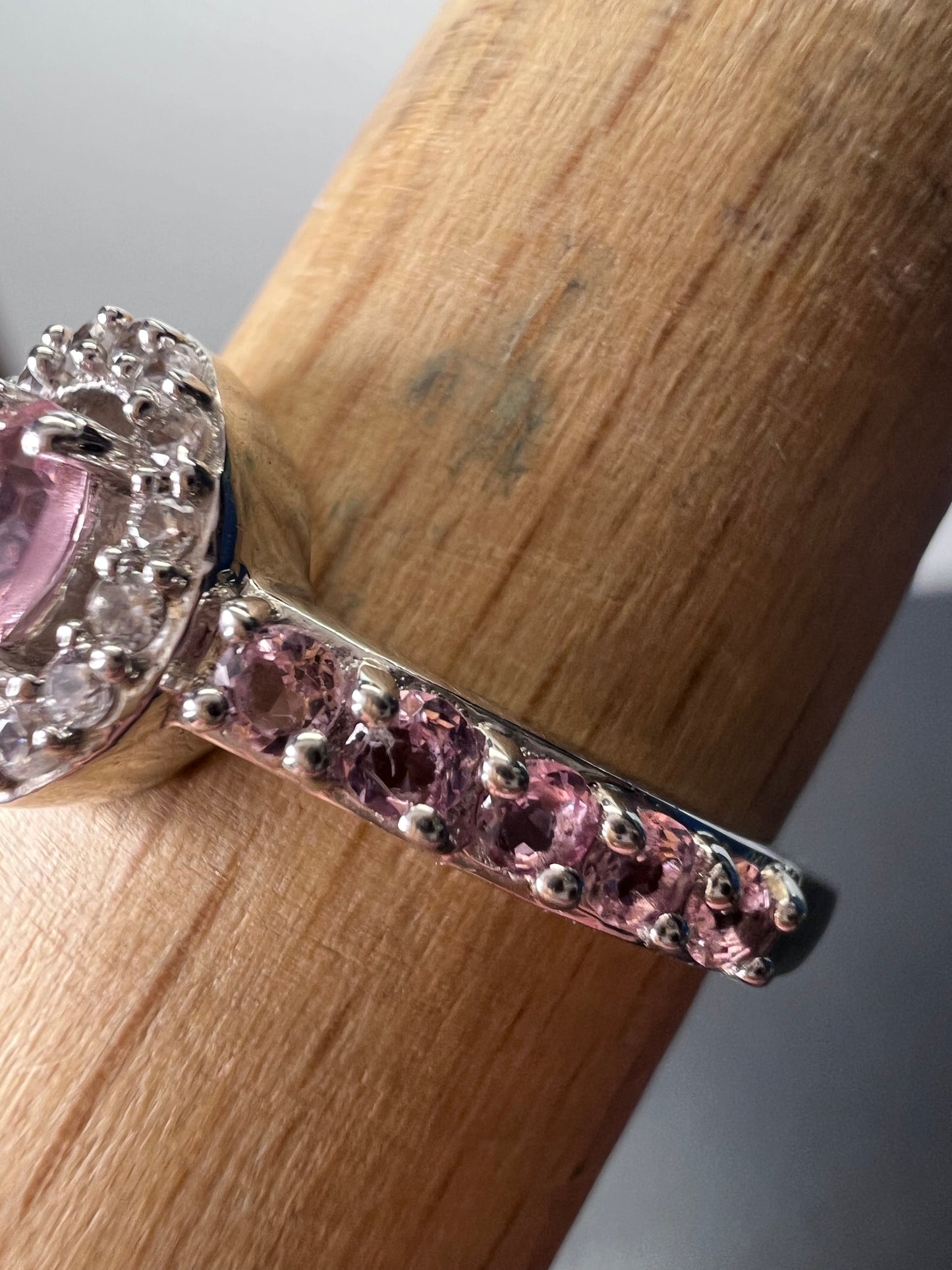 Pink tourmaline and white zircon sterling silver halo ring size 9