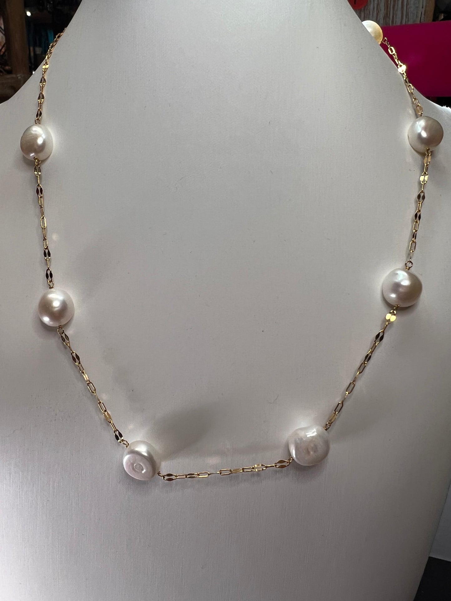 White Cultured Freshwater Pearl 18k Yellow Gold Over Sterling Silver Station Necklace