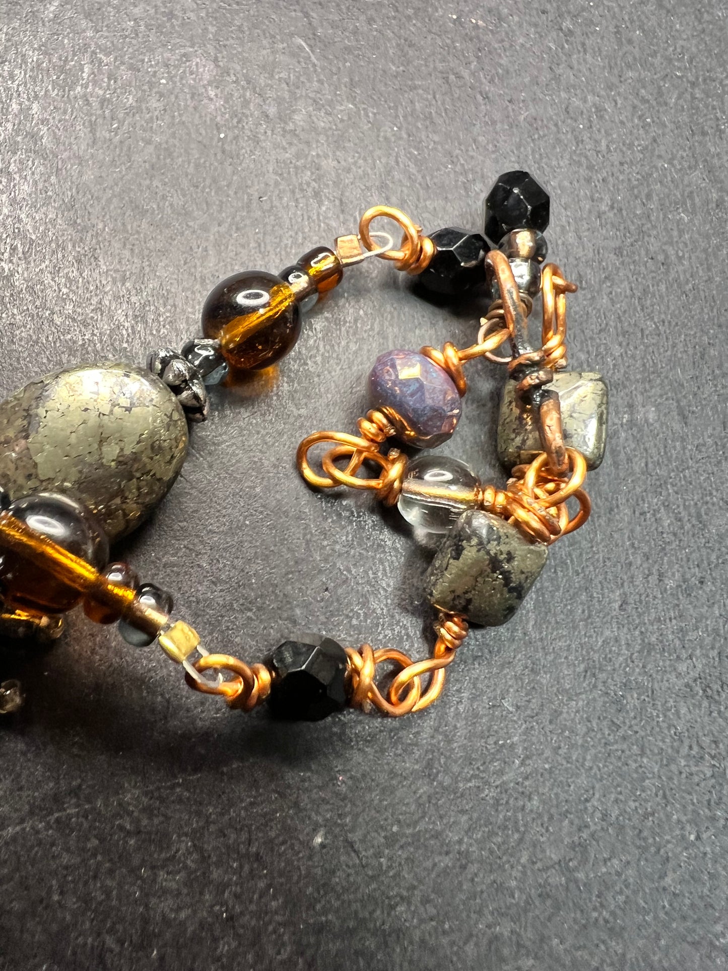 Artisan Copper Wire Necklace Glass Onyx Pyrite Amber Pearl 17”