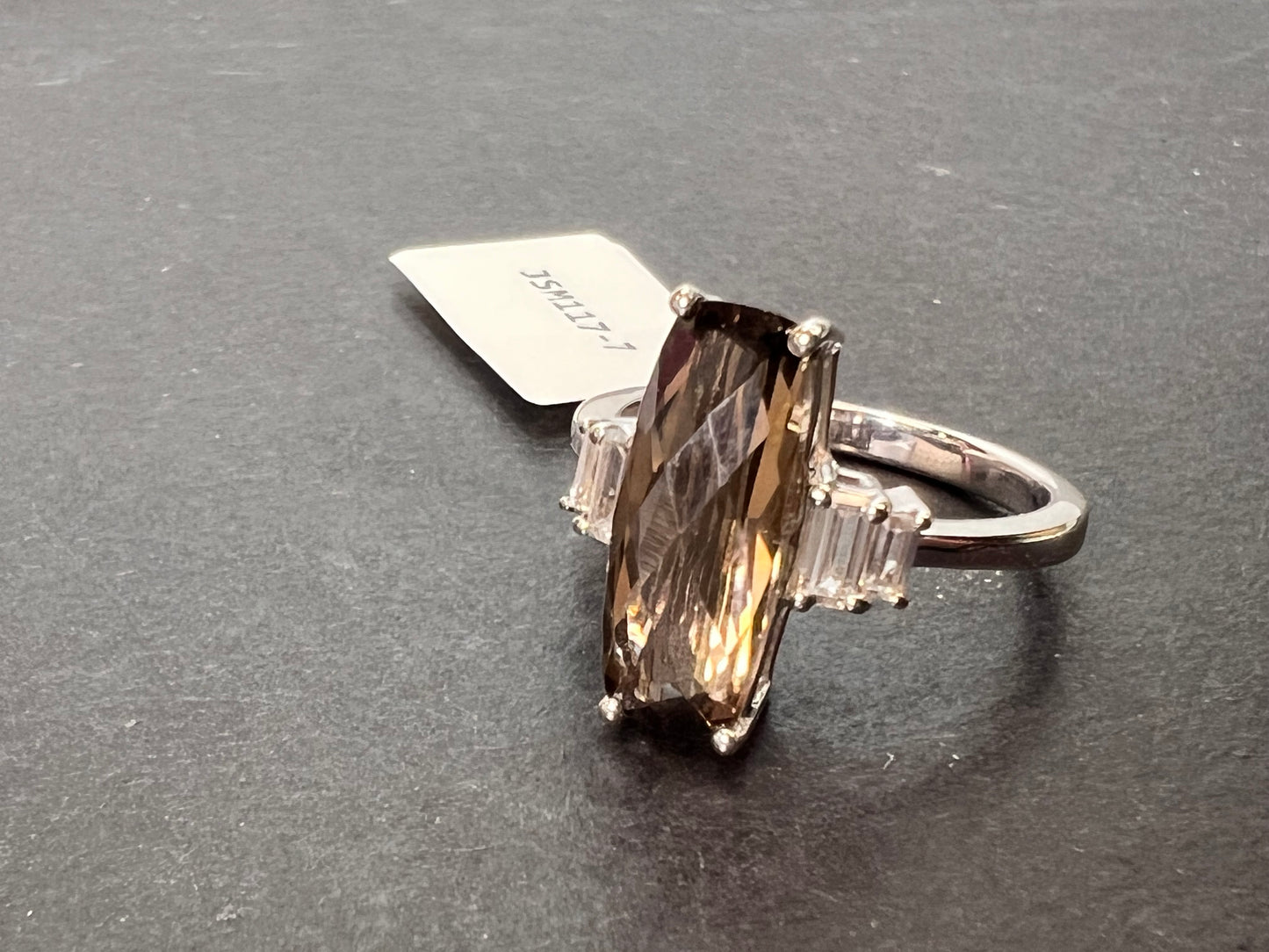 Brown Smoky Quartz With White Zircon Rhodium Over Sterling Silver Ring 3.33ctw size 7 *NEW*