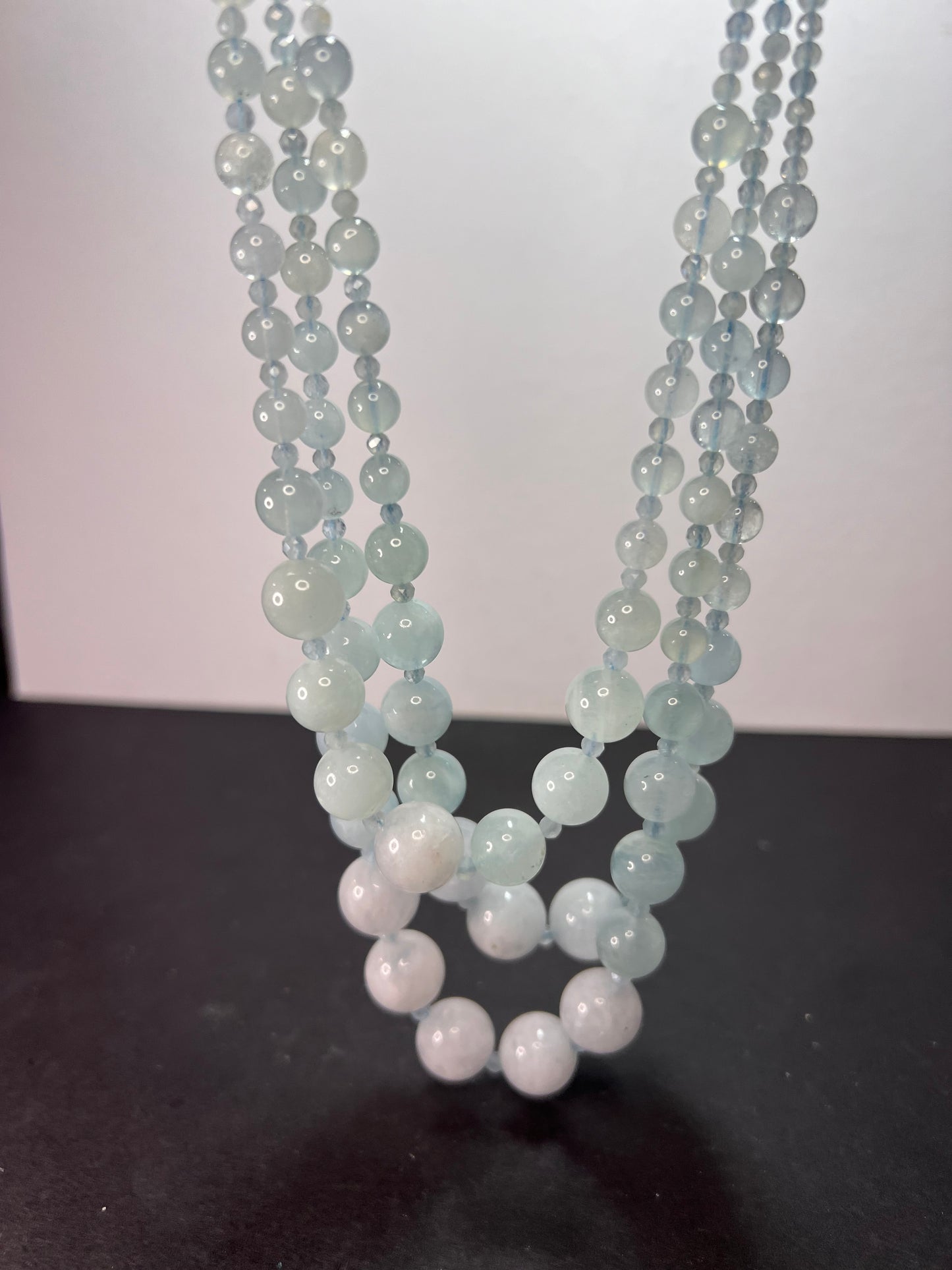 Triple strand aquamarine necklace with sterling silver lobster clasp