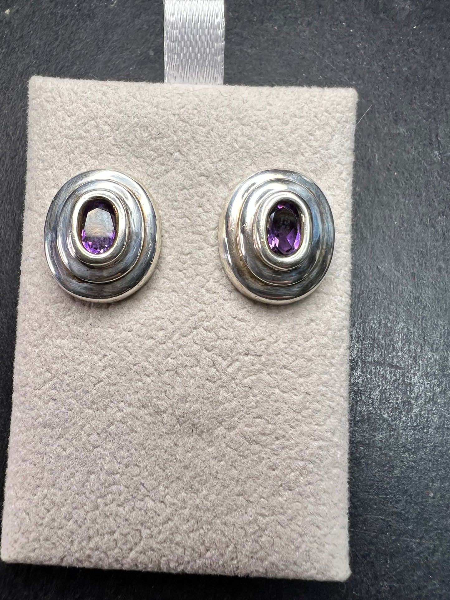 Vintage Sterling Silver Amethyst Modernist Stud Earrings