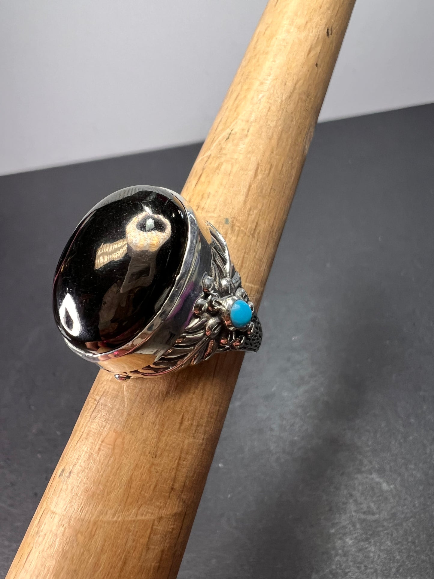 Elite shungite and sleeping beauty turquoise southwest style feather ring in sterling silver size 7 *NEW*