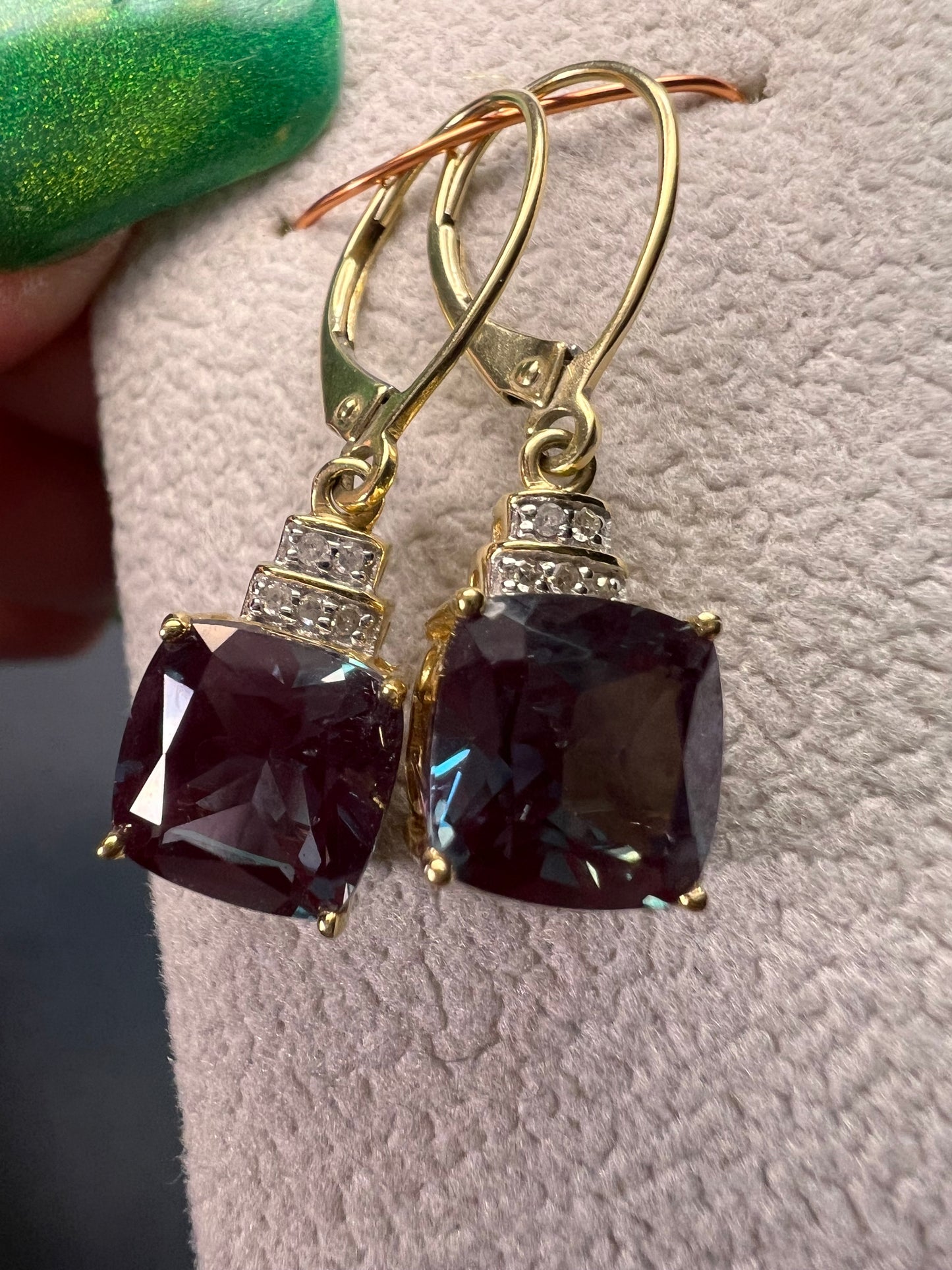 10k gold Lab alexandrite and diamond lever back earrings