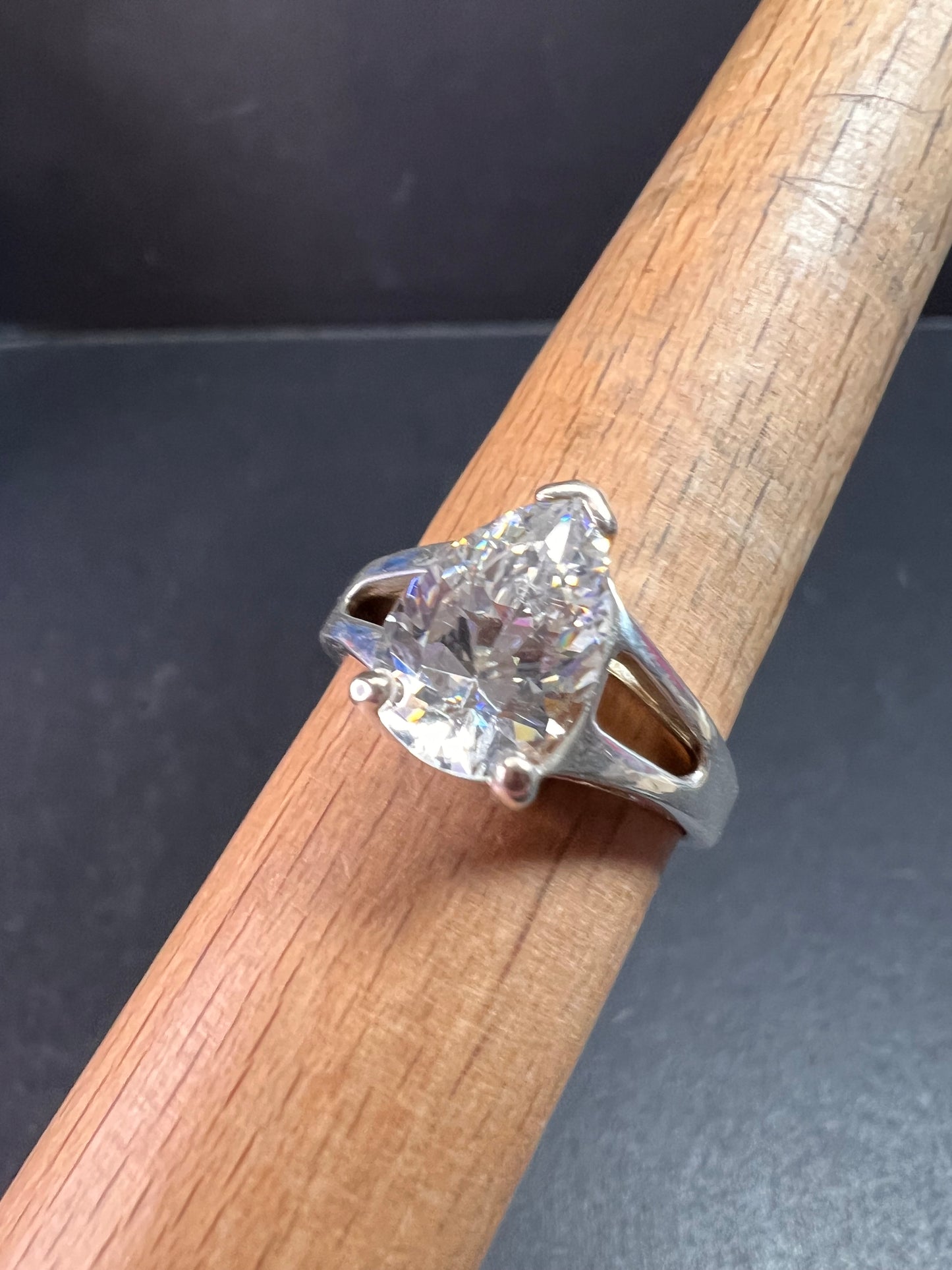 Vintage CZ Pear Solitaire in Sterling Silver, Open Gallery Split Shank, Size 9