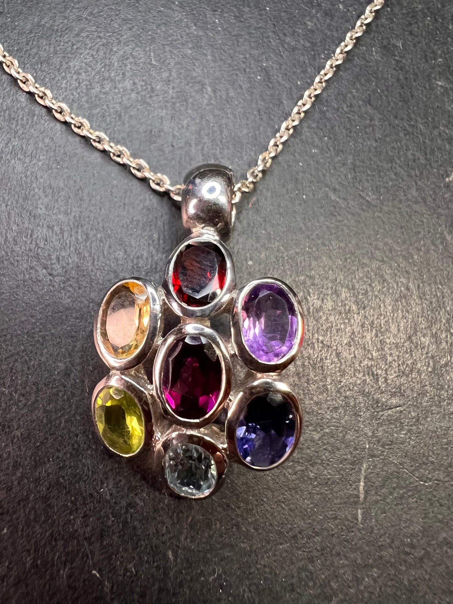 Vintage multi gemstone cluster pendant necklace in sterling silver