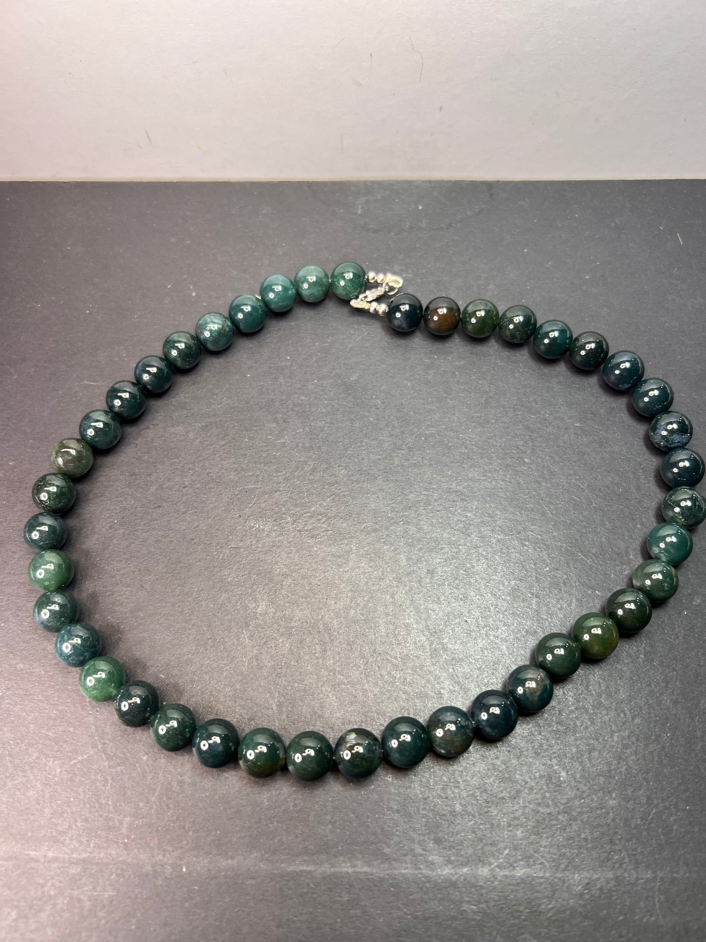 Moss agate 18 inch beaded necklace with sterling silver clasp