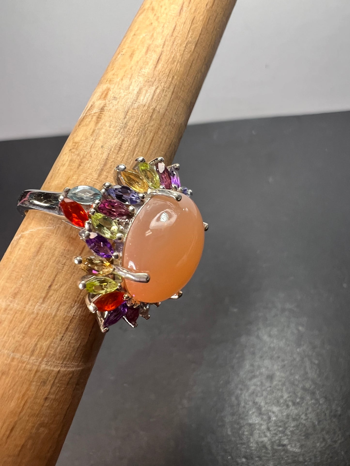 Peach moonstone multi gemstone ring in platinum over sterling silver size 6 *NEW*