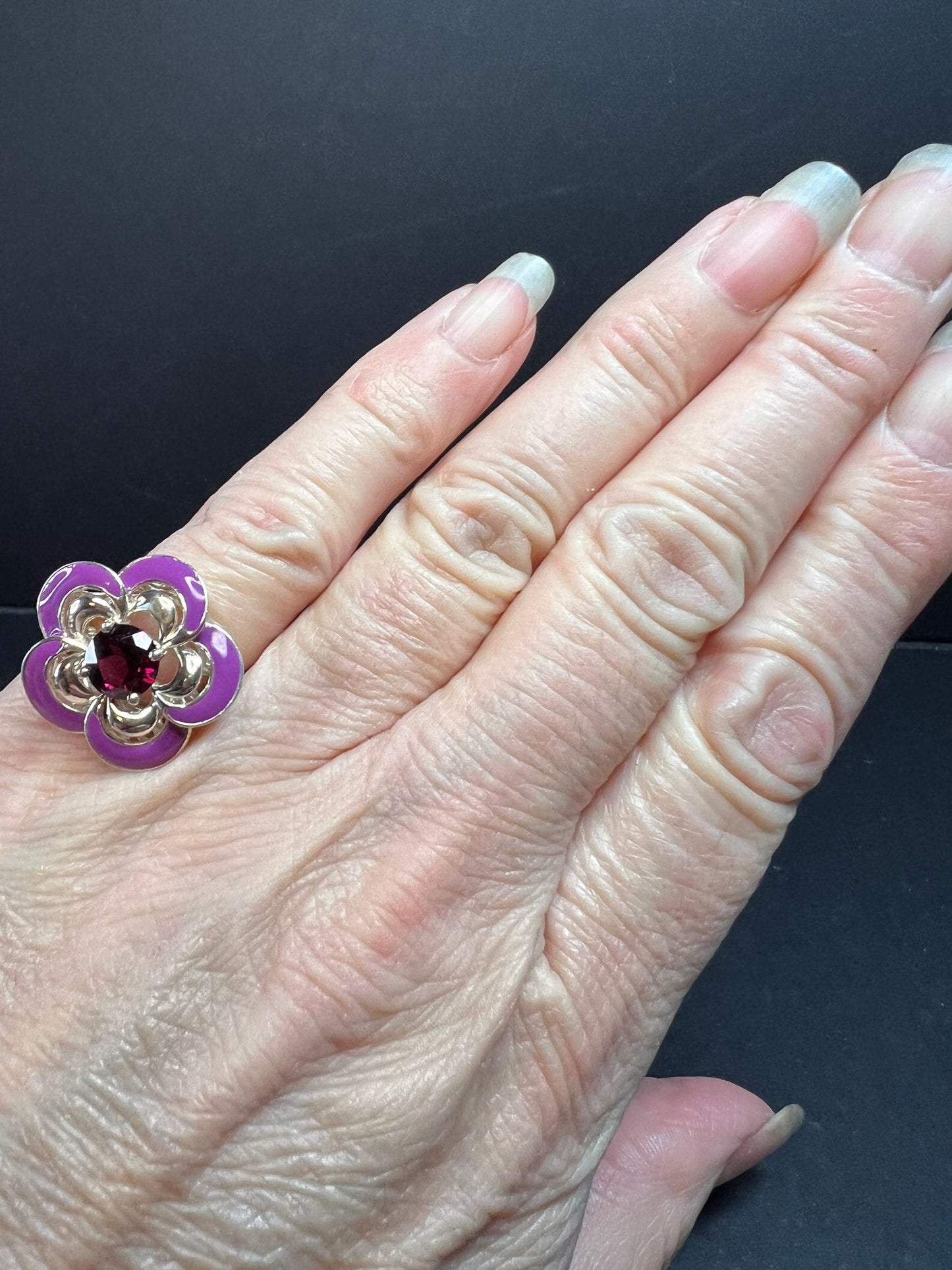 Ross Simons garnet and enamel flower sterling silver ring size 5