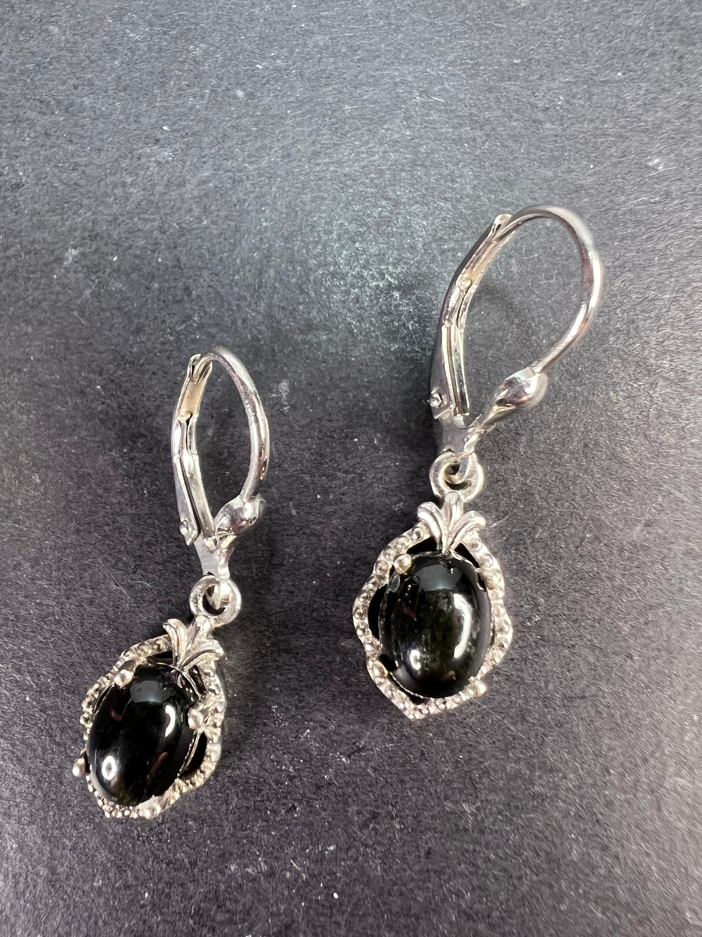 Black star sapphire sterling silver leverback earrings