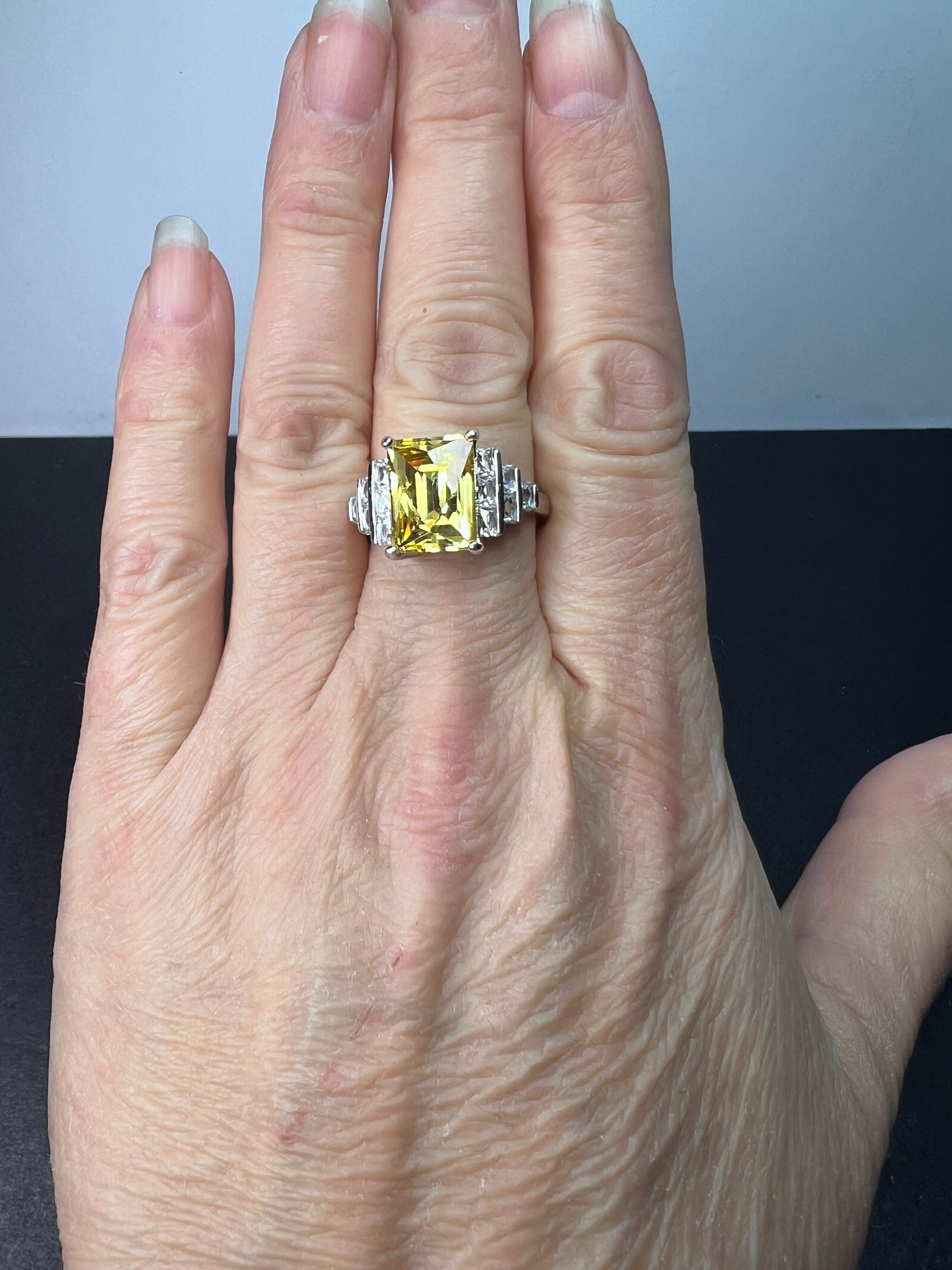 Yellow and white cz sterling silver cocktail ring size 9